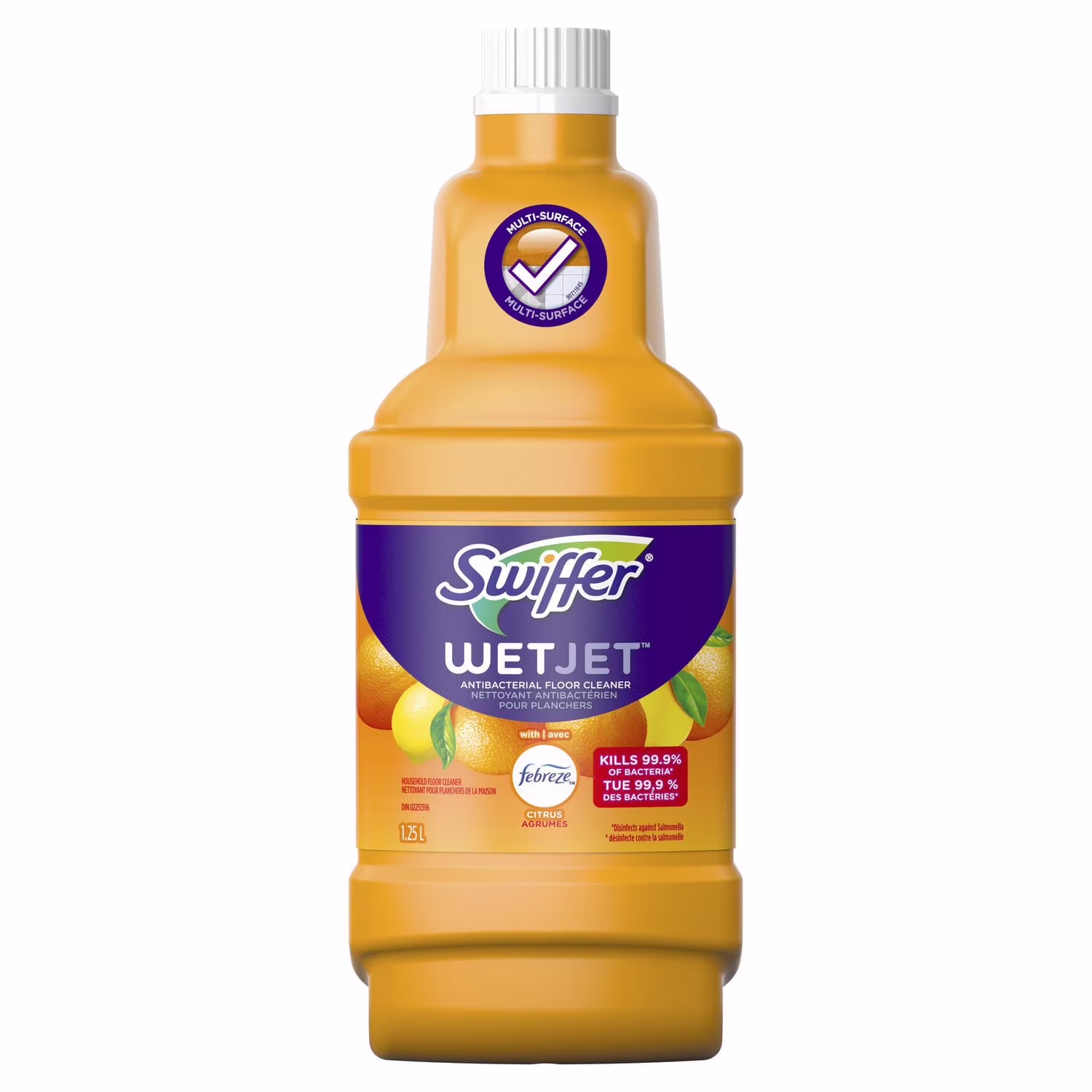 Recharge de solution nettoyante liquide pour planchers multi-surfaces et en bois swiffer wetjet. parfum febreze agrumes sucrés et entrain table