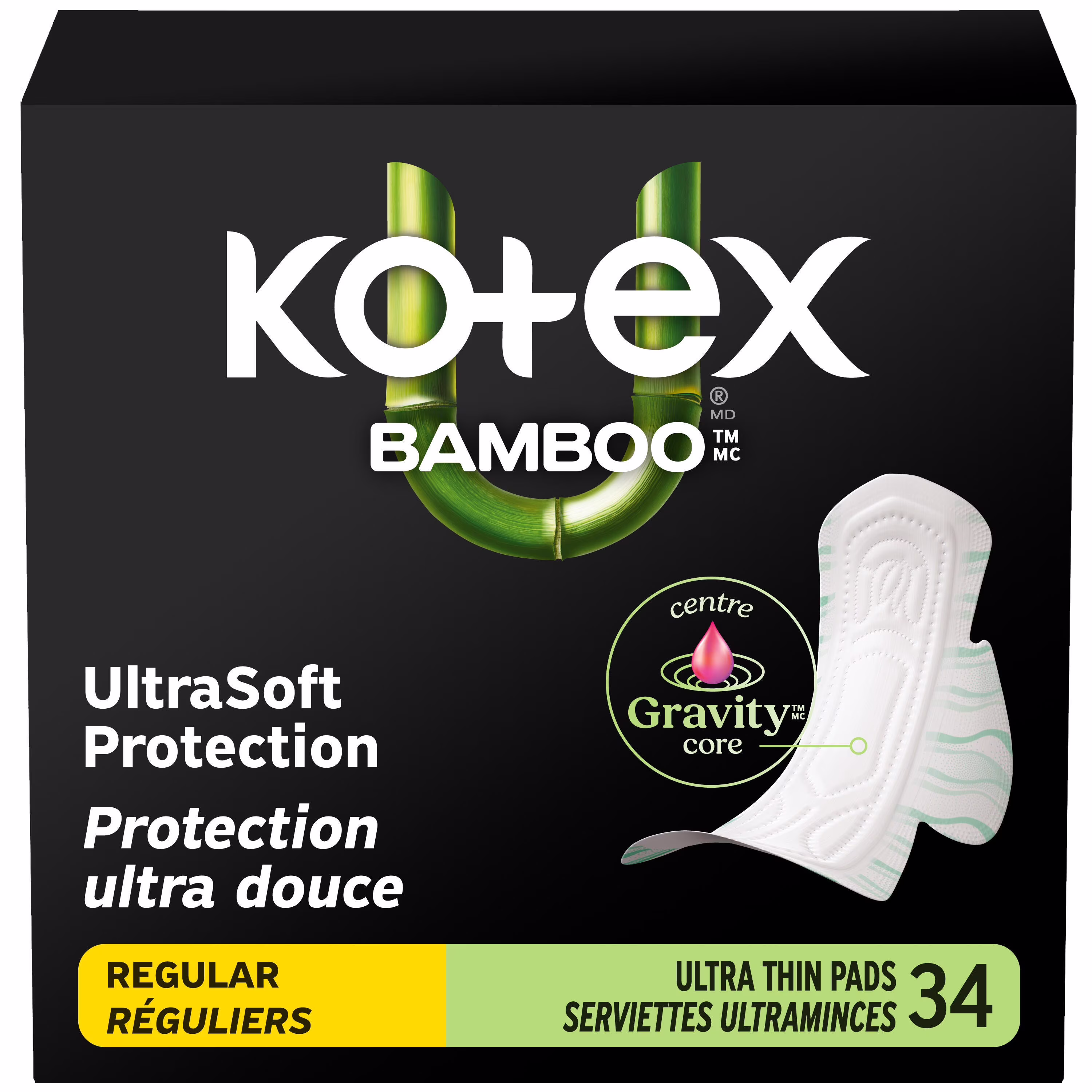 Serviettes ultraminces kotex bamboo avec ailes. absorption régulière. 34unités