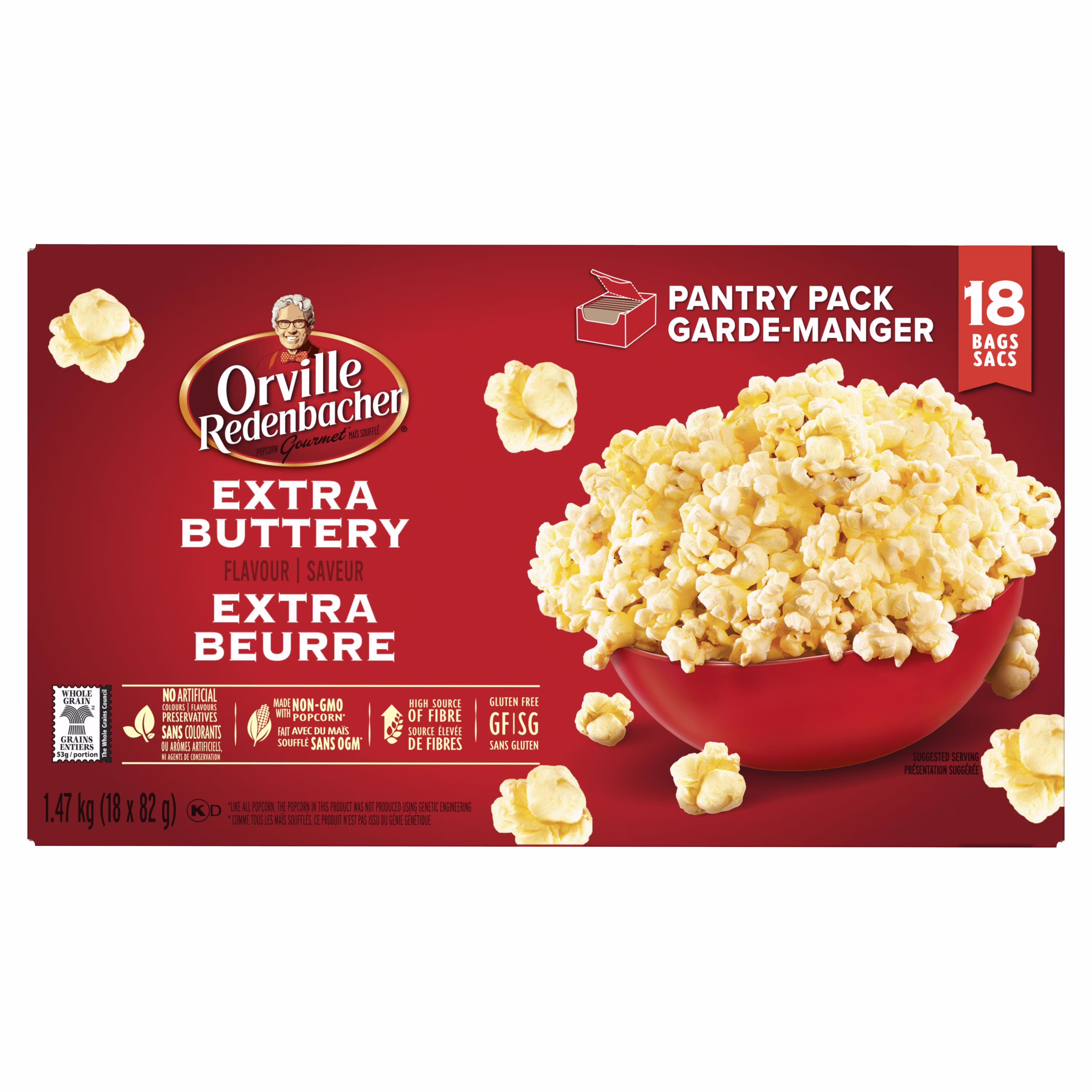 Orville redenbacher saveur supplémentaire beurre micro-ondes maïs soufflé - 18 sacs sans ogm. grains entiers micro-ondes maïs soufflé avec a source élevée de fibres et sans gluten