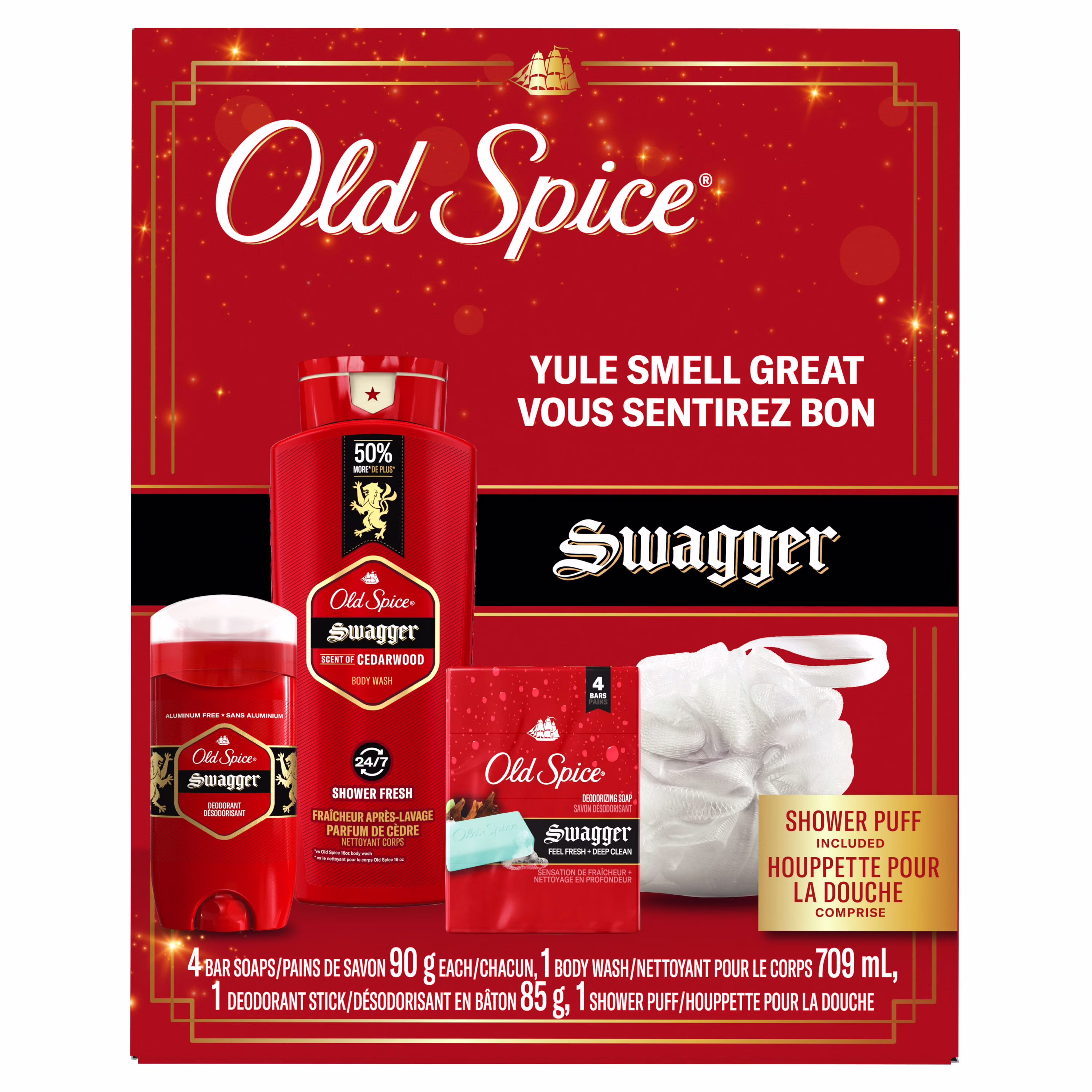 Ensemble-cadeau old spice vous sentirez bon avec un shampooing et revitalisant 2 en 1 swagger de . un nettoyant pour le corps collection rouge de 89 ml. un désodorisant de 85 g et une houppette