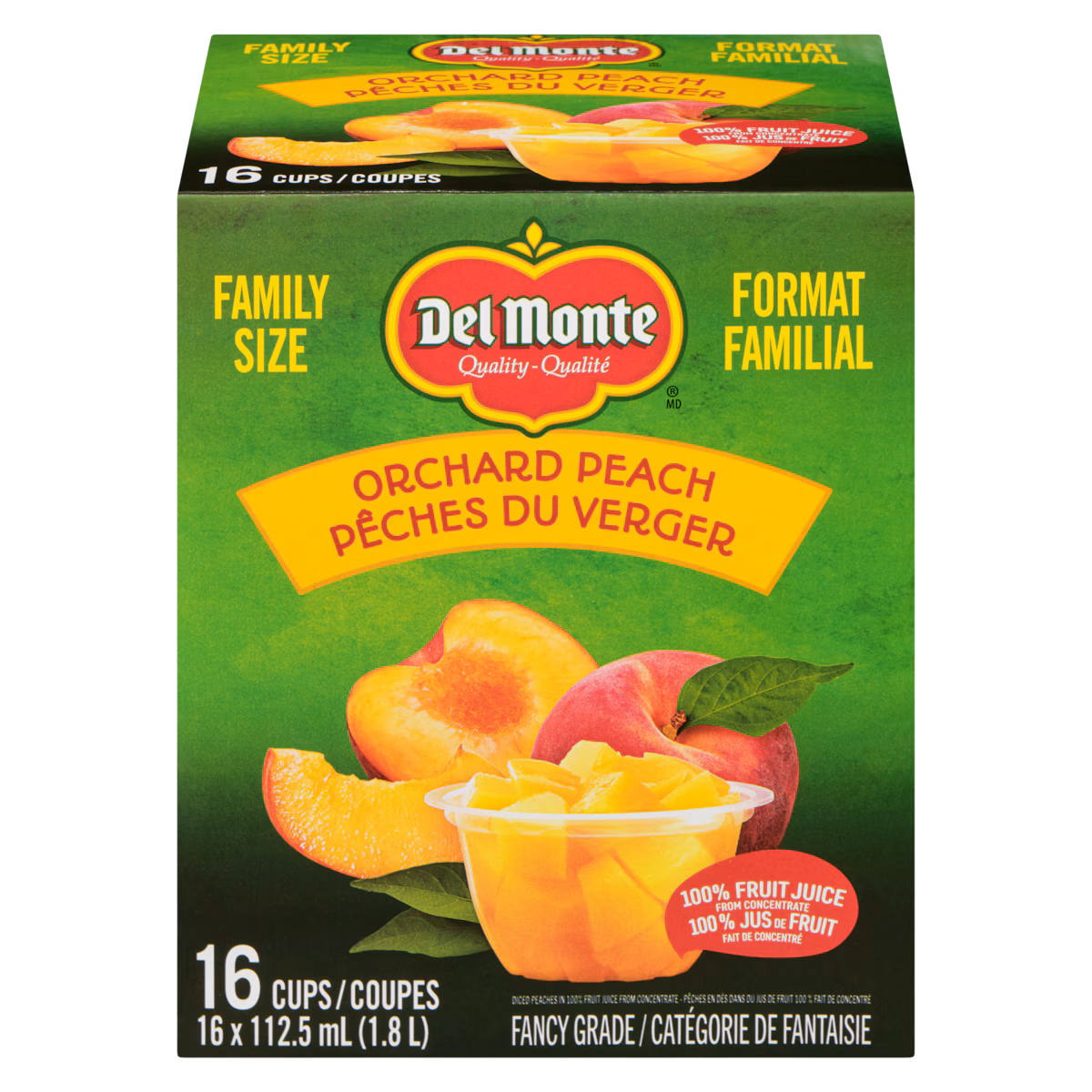 Pêches en dés dans du jus de fruit 100 % fait de concentré pêches du verger format familial