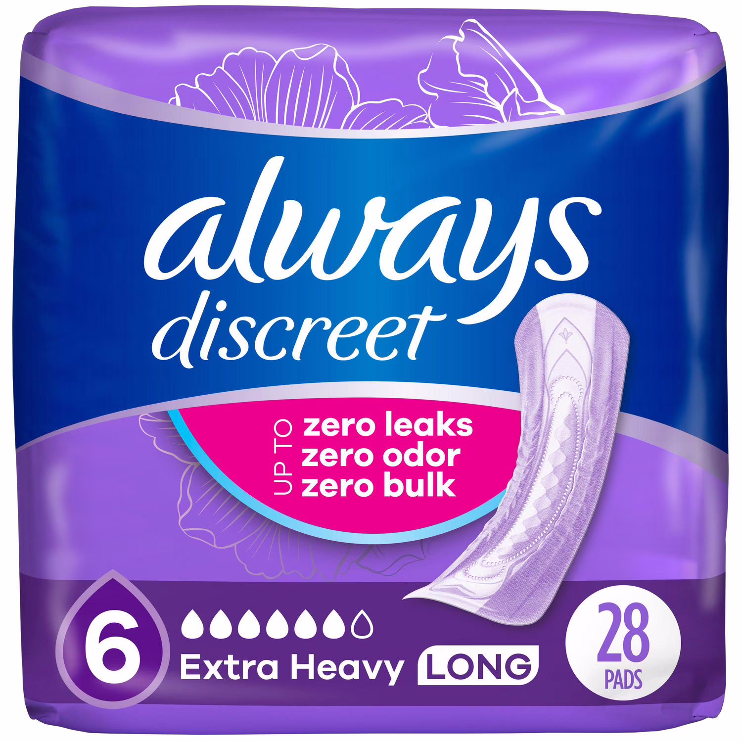 Serviettes dincontinence et de post-partum always discreet. longues. degré dabsorption très abondant. pour femmes. 28 serviettes 28ct
