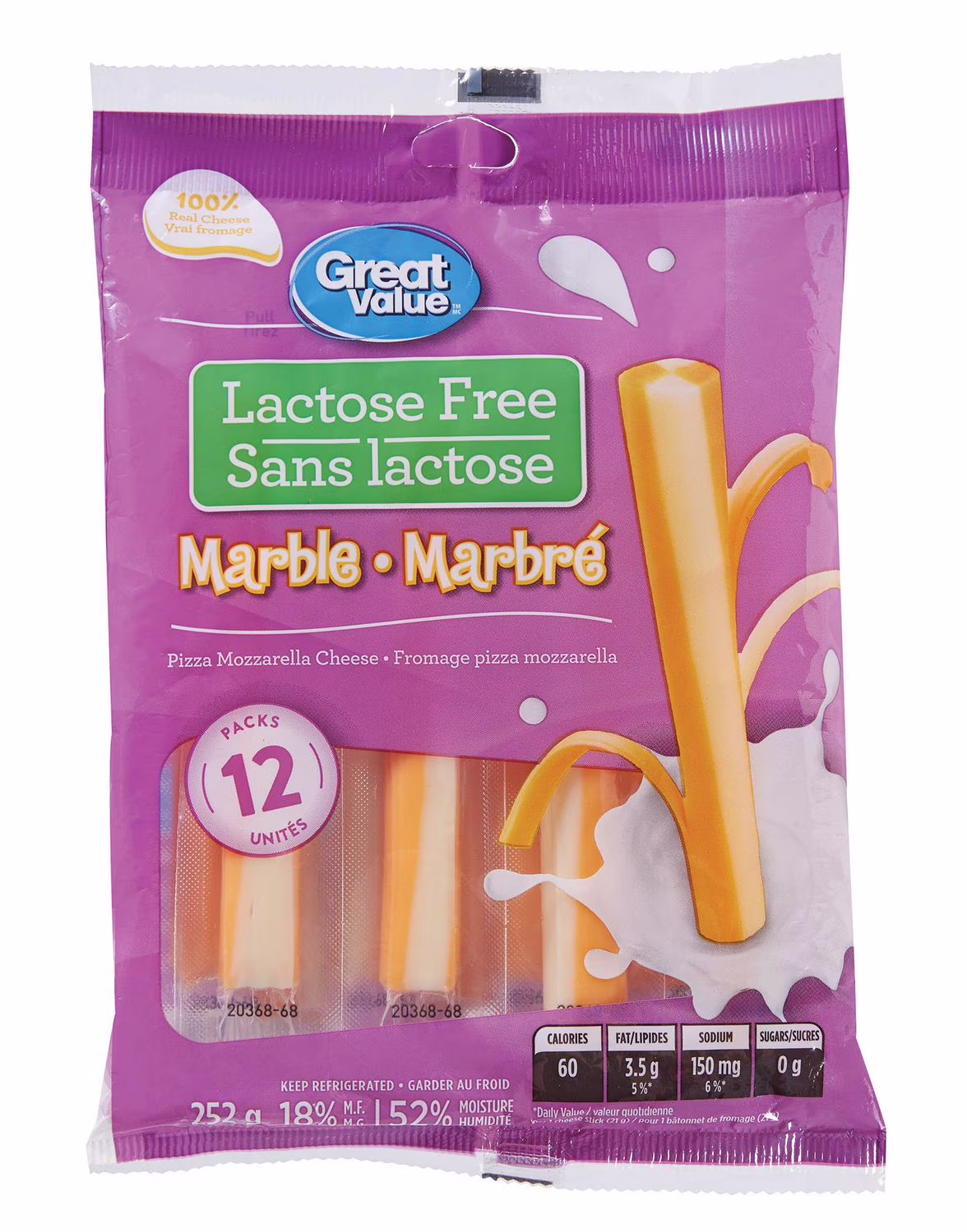 Fromage pizza mozzarella marbré effilochable great value sans lactose 12 unités.