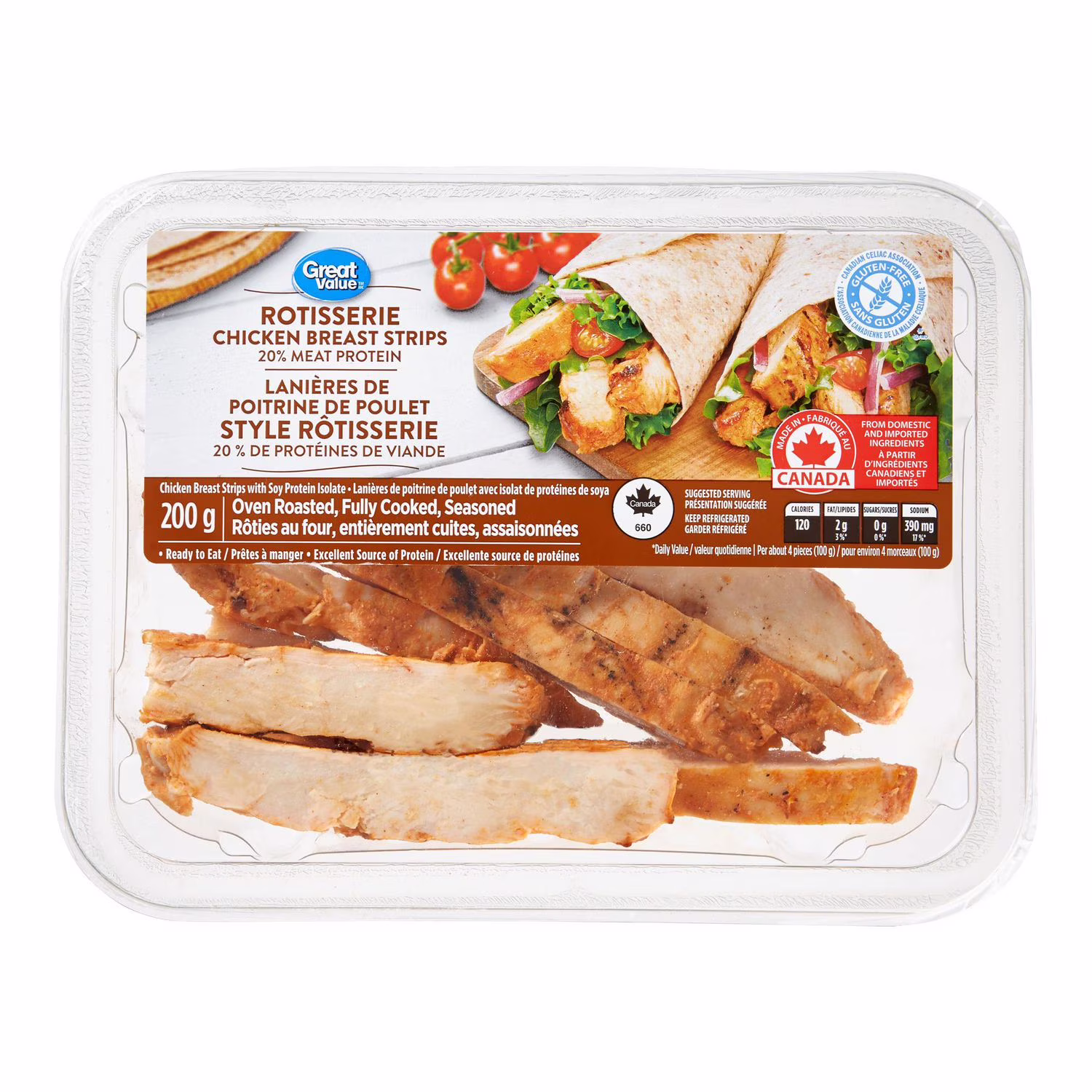 Lanières de poitrine de poulet great value au style rôtisserie