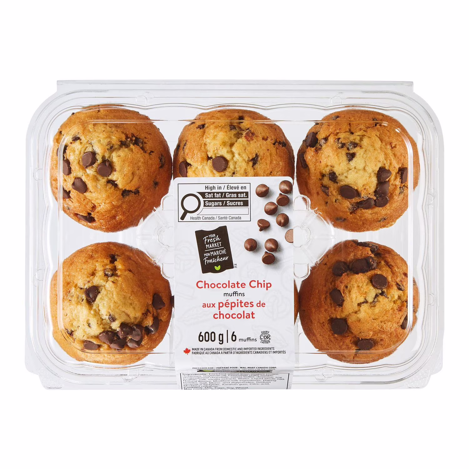 Muffins aux pépites de chocolat mon marché fraîcheur 6 muffins.  au total