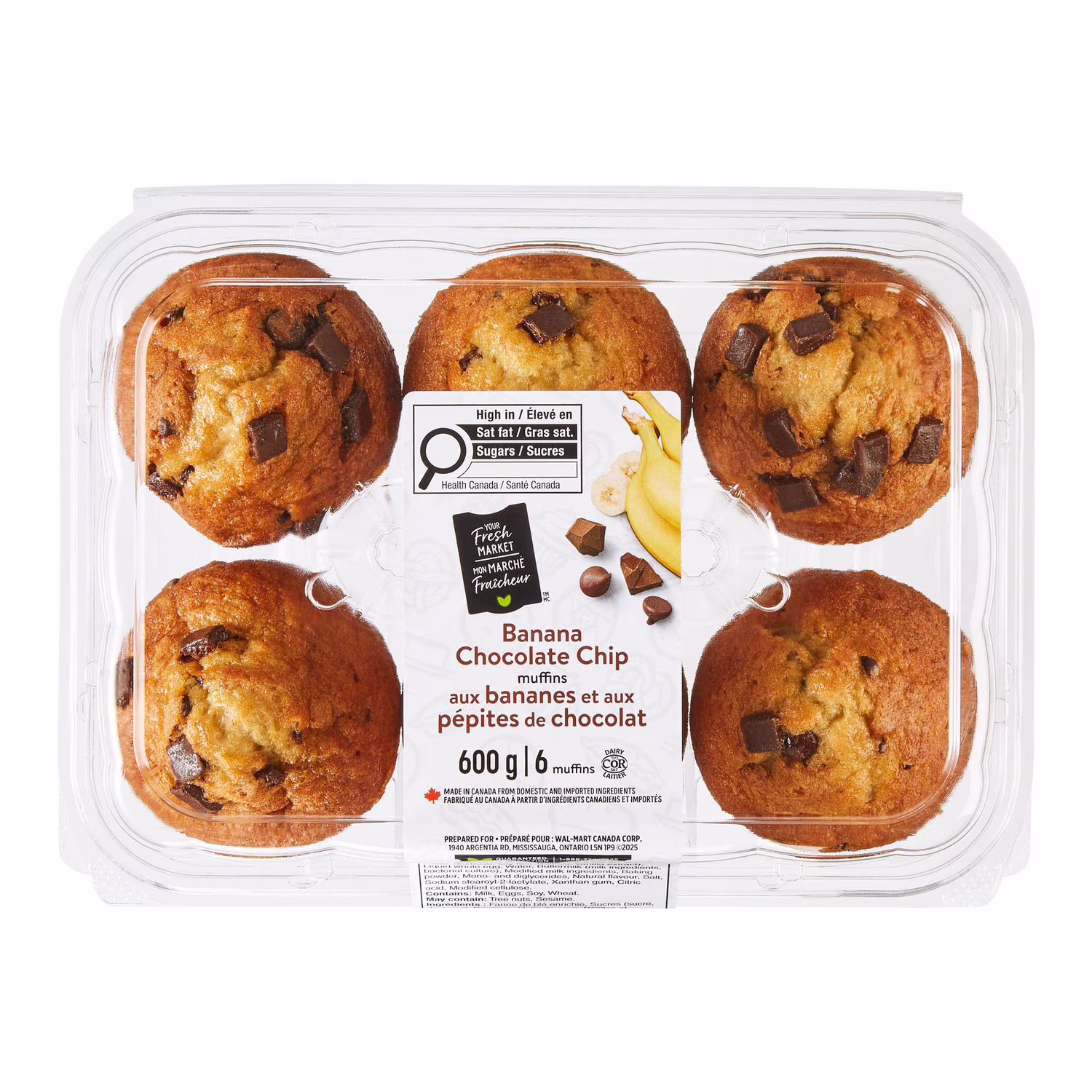 Muffins aux bananes et aux pépites de chocolat mon marché fraîcheur 6 muffins.  au total