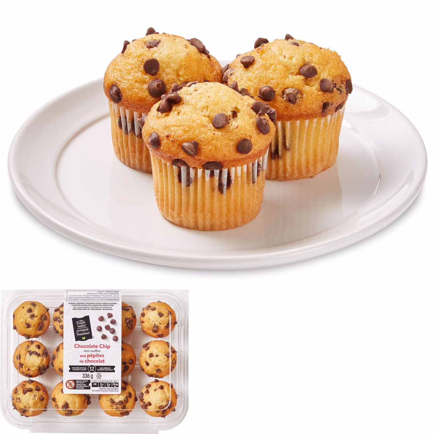 Mini muffins aux pépites de chocolat mon marché fraîcheur 12 muffins.  au total