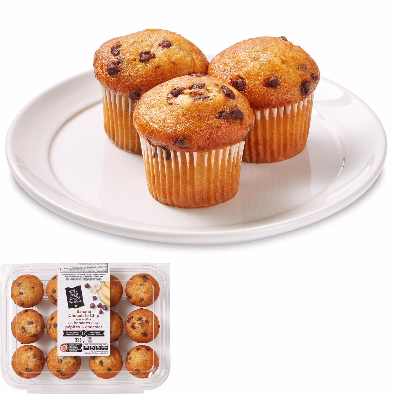Mini muffins aux bananes et aux pépites de chocolat mon marché fraîcheur 12 muffins.  au total