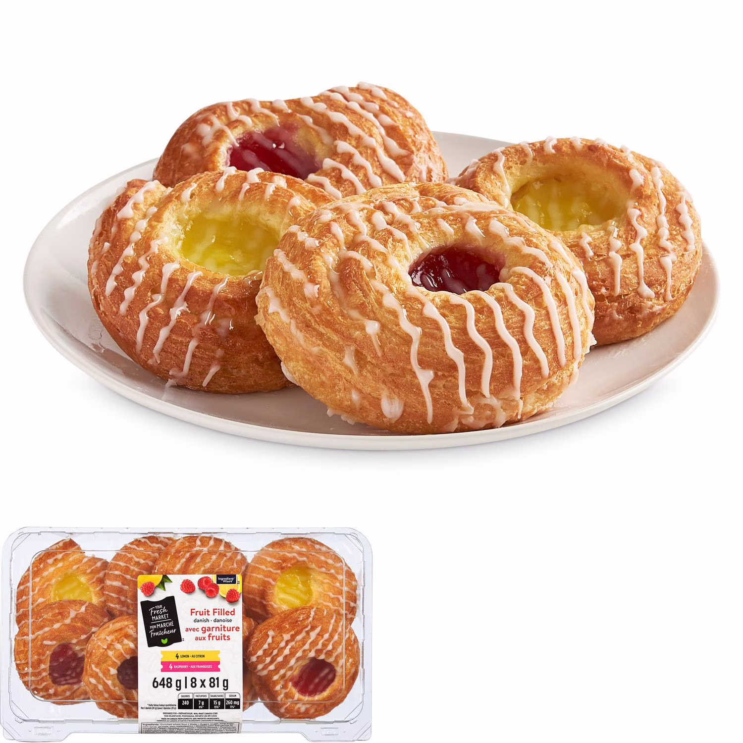 Pâtisserie danoise avec garniture aux fruits mon marché fraîcheur 8 x . total de 648 g
