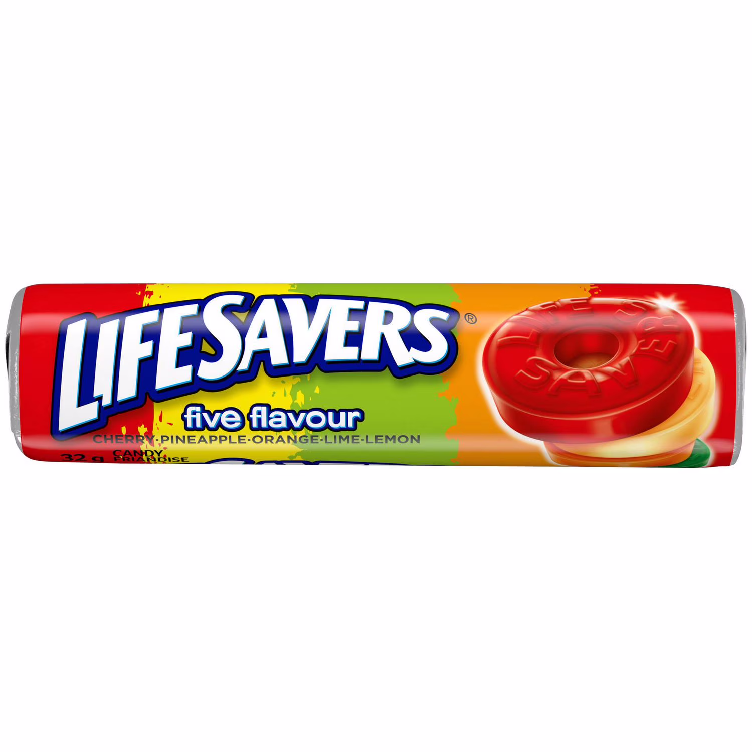 Life savers. cinq saveurs. bonbons durs. rouleau.  bonbon américain classique depuis 1912. les saveurs des bonbons durs lifesavers ont résisté à l'épreuve du temps. avec les 5 saveurs bien-aimées de cerise. de framboise. de melon d'eau. d'orange et danana