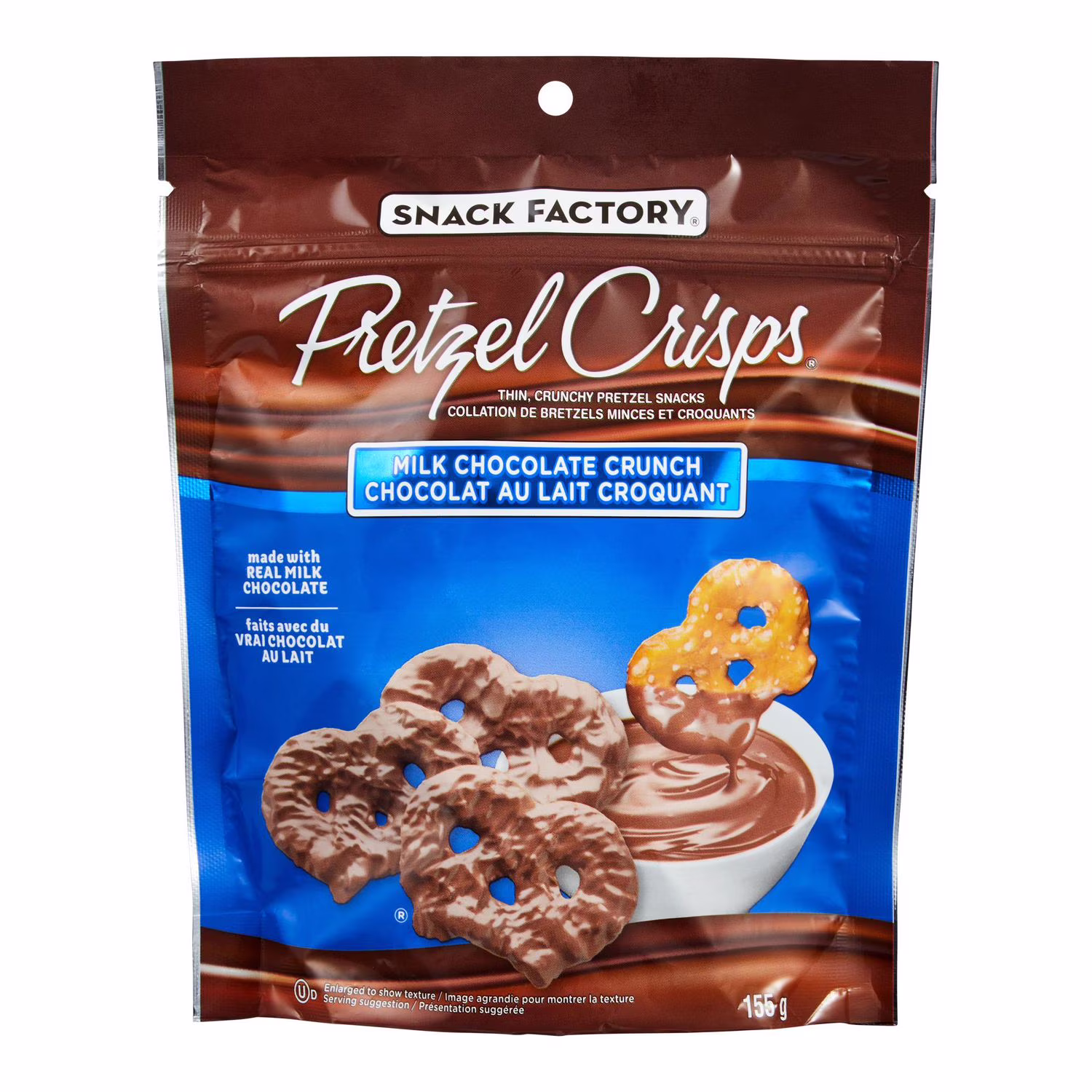 Collation de bretzels pretzel crisps au chocolat au lait croquant de snack factory engagement