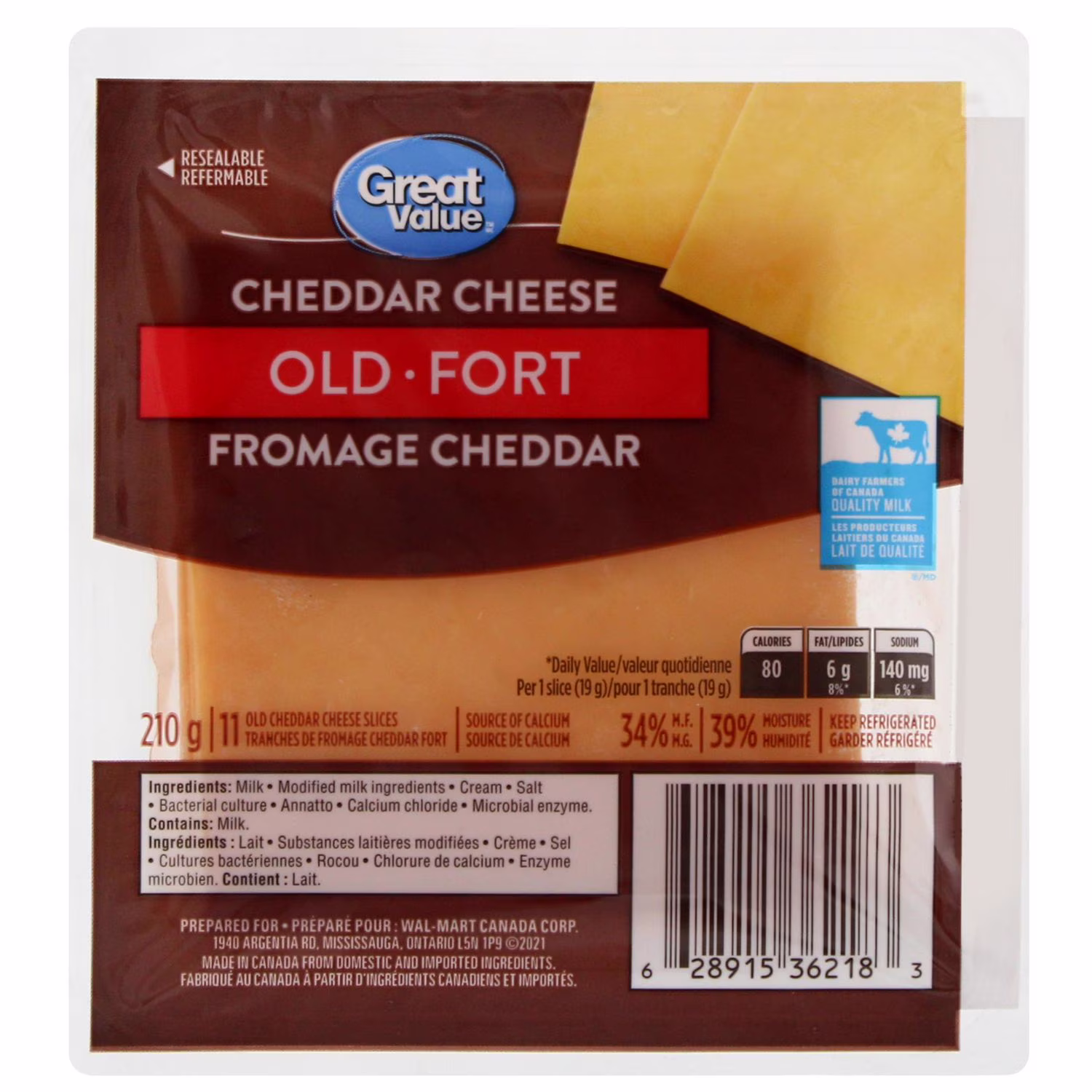 Tranches de fromage cheddar fort great value . 11 tranches