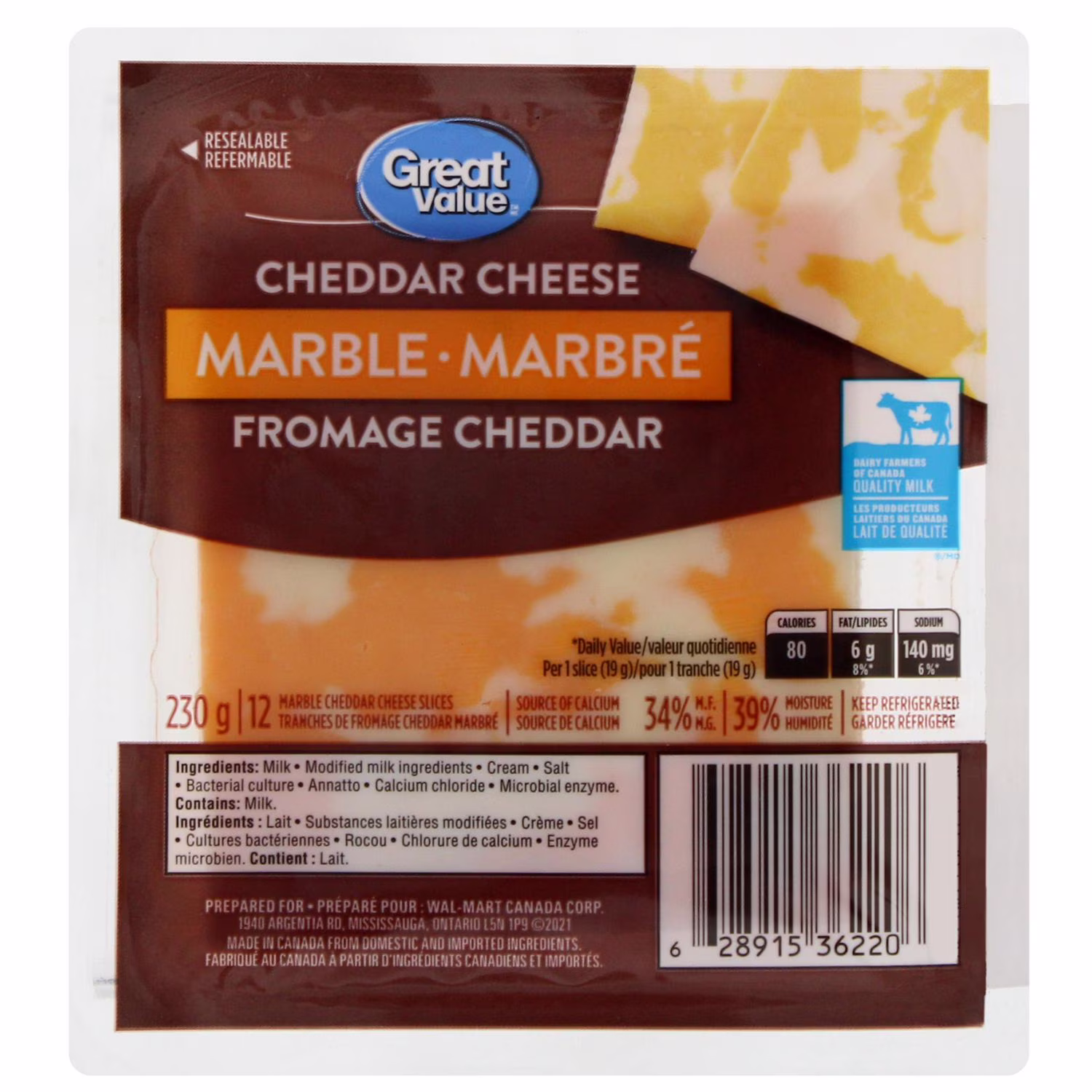 Tranches de fromage cheddar marbré great value . 12 tranches