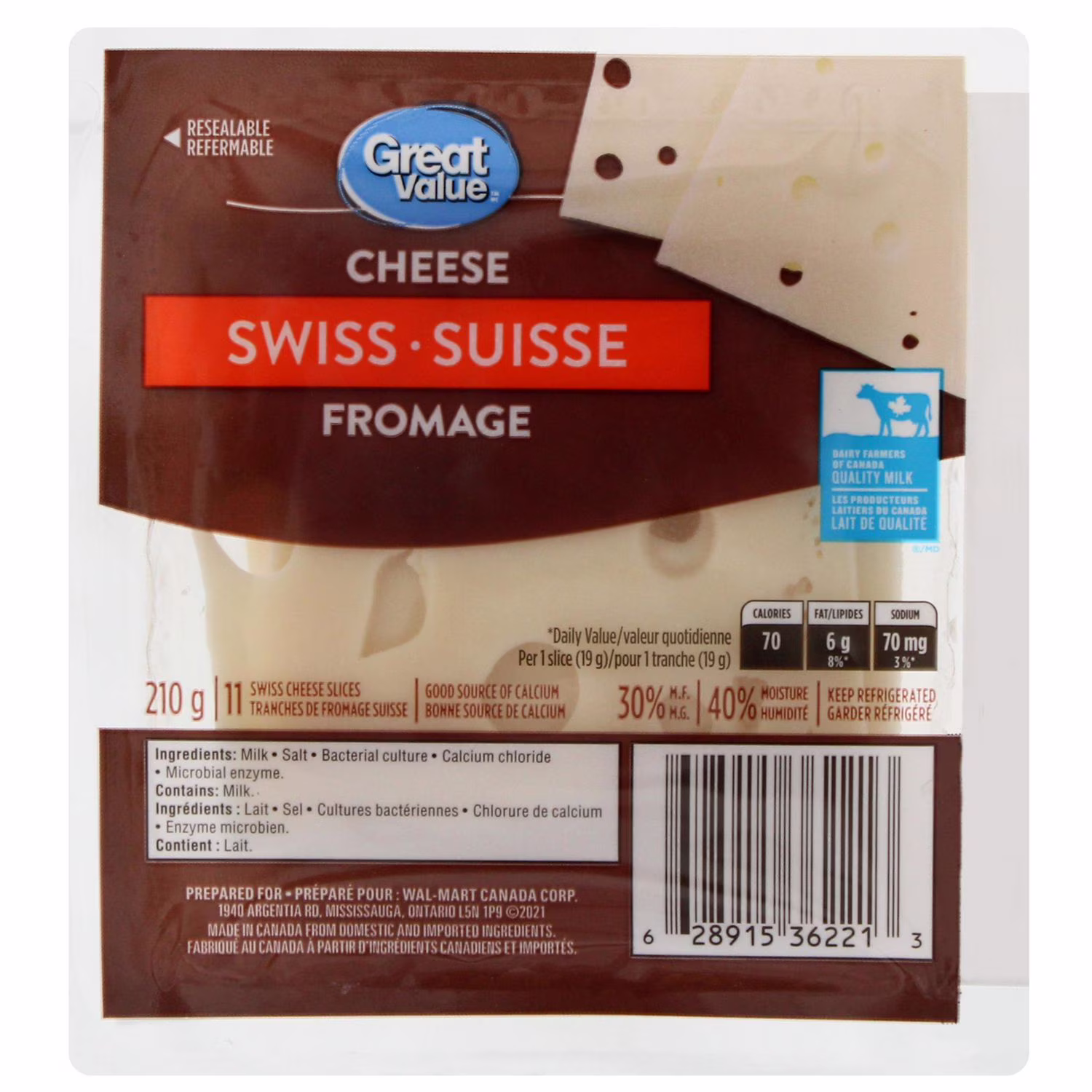 Tranches de fromage suisse great value . 11 tranches