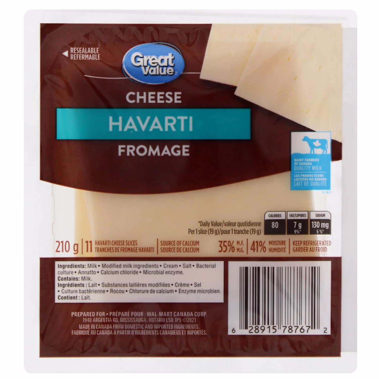 Tranches de fromage havarti great value . 11 tranches