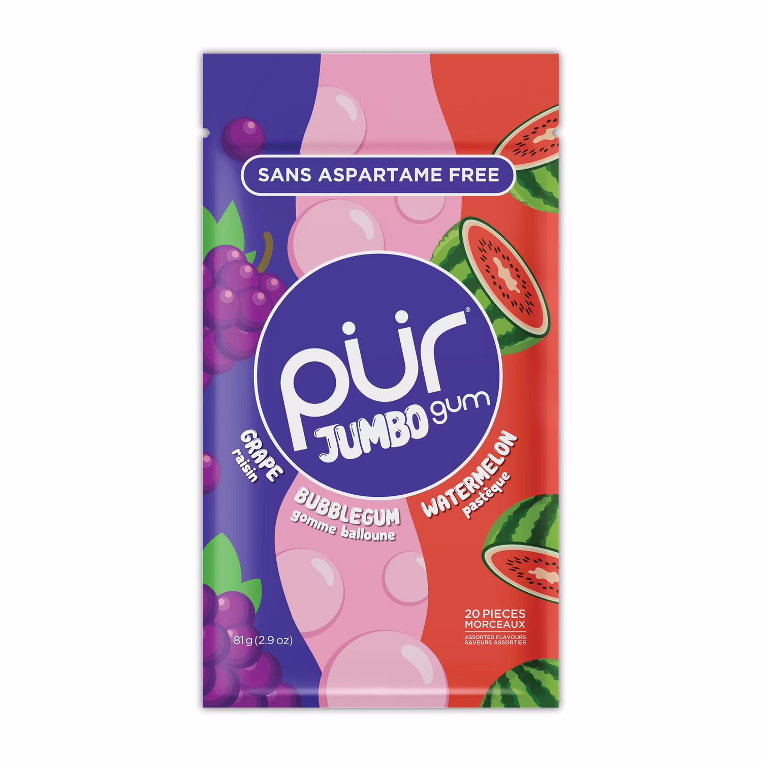 Pur jumbo gum. sans aspartame. sans sucre & 100% xylitol. arôme naturel de bubblegum. de raisin et de pastèque 20 pièces. paquet de 1