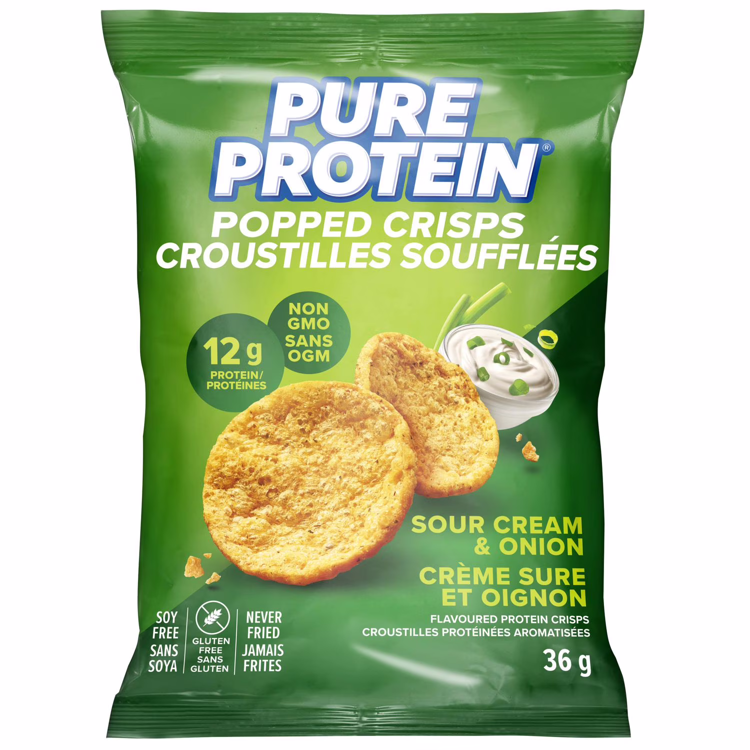 Pure protene crisps poppées sour crm & oignons  riche en protéines et bon goût!
