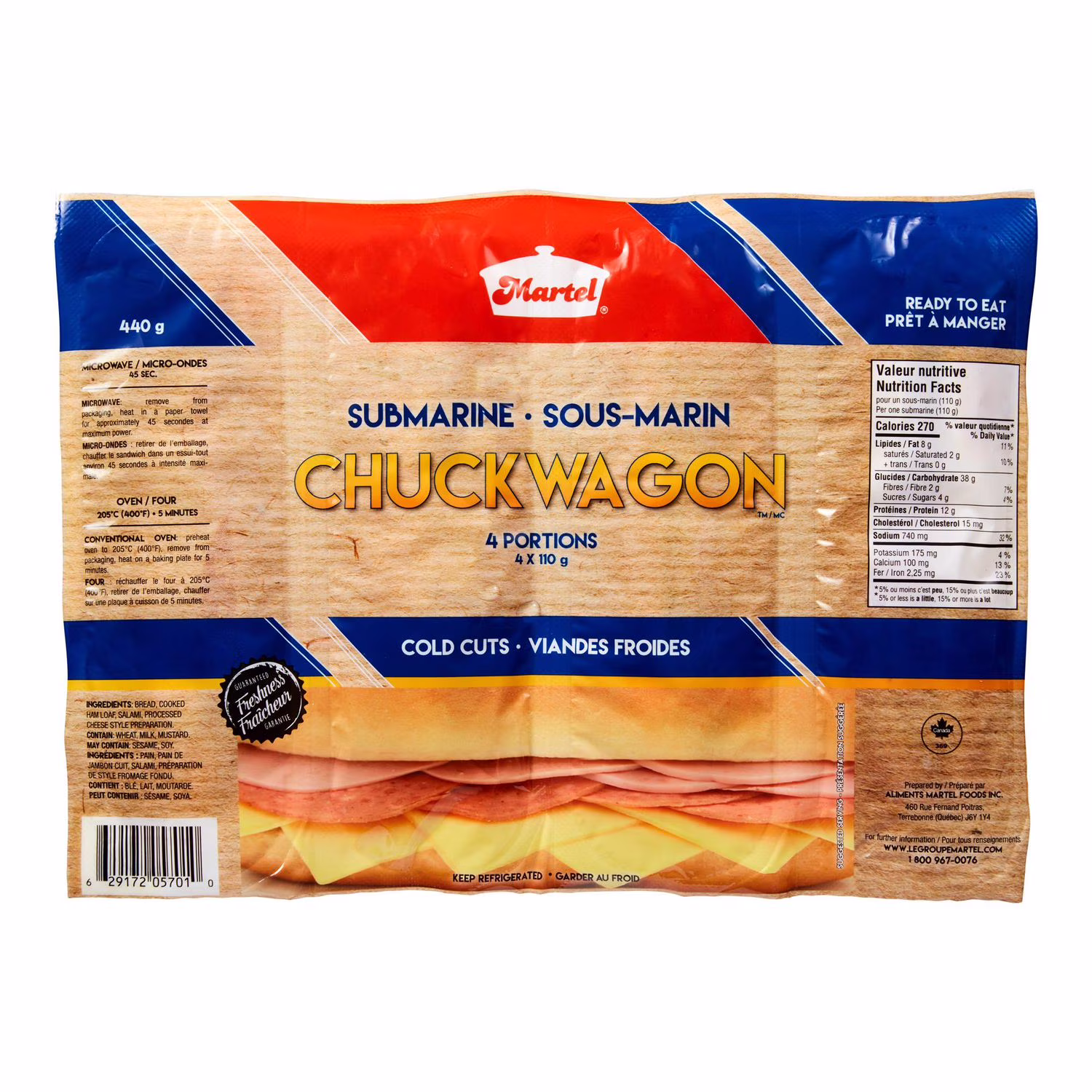 Emballage multiple de sous-marins à la viande froide chuckwagon martel 4 portions. total de