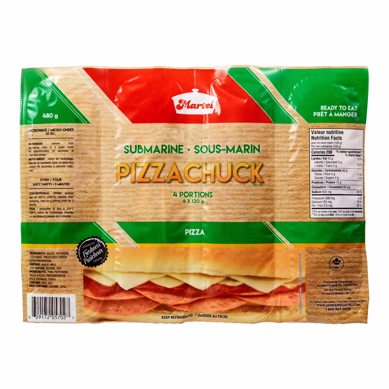 Emballage multiple de sous-marins pizzachuck martel 4 portions. total de