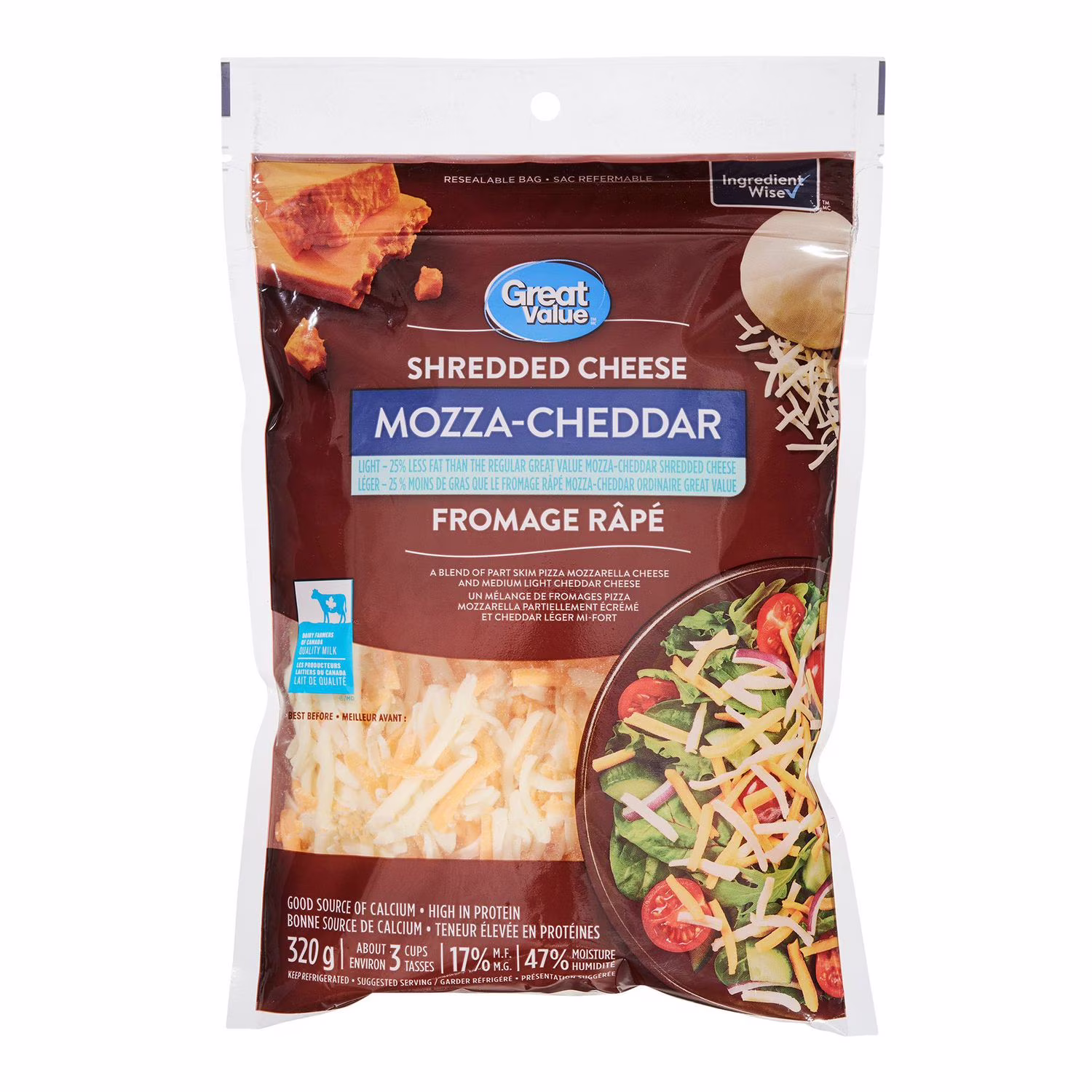 Fromage râpé mozza-cheddar léger great value