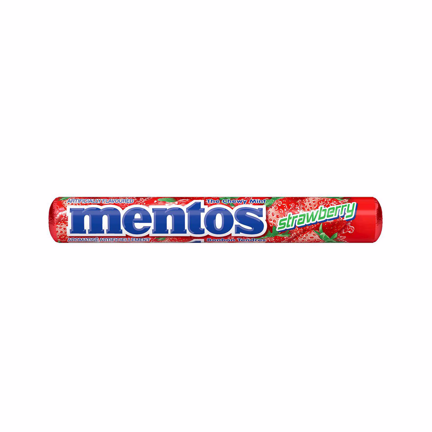 Menthes moelleuses mentos. fraise 14 morceaux par rouleau.  menthes mentos fraise fruitée. oui à la fraîcheur