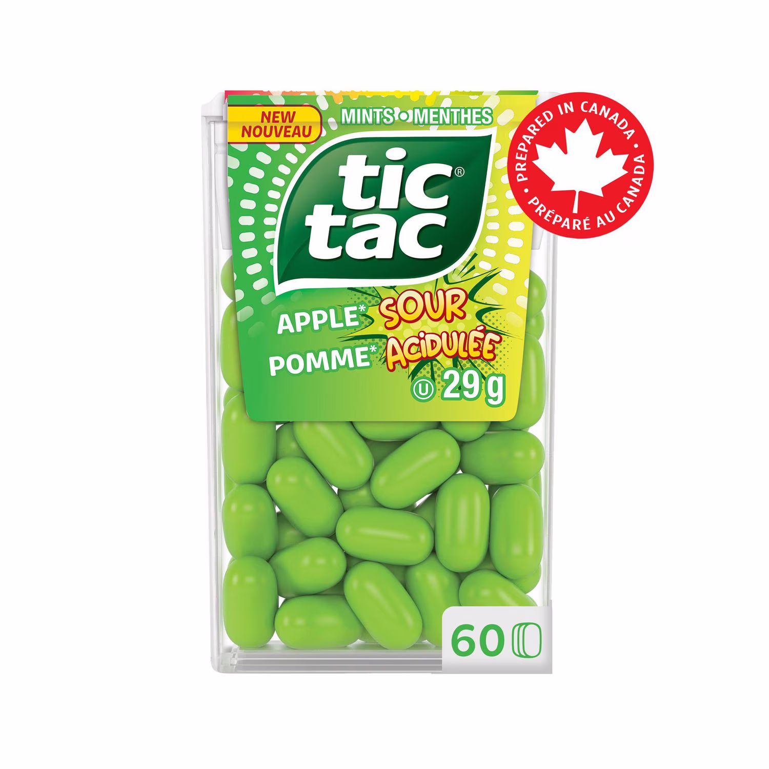 Menthes tic tac. pomme acidule. 60& pastilles. 29& g
