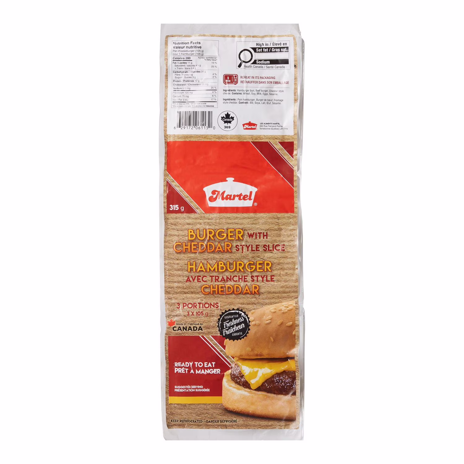 Burgers au fromage style cheddar martel (paquet de 3) 3 x  (total de 315 g)