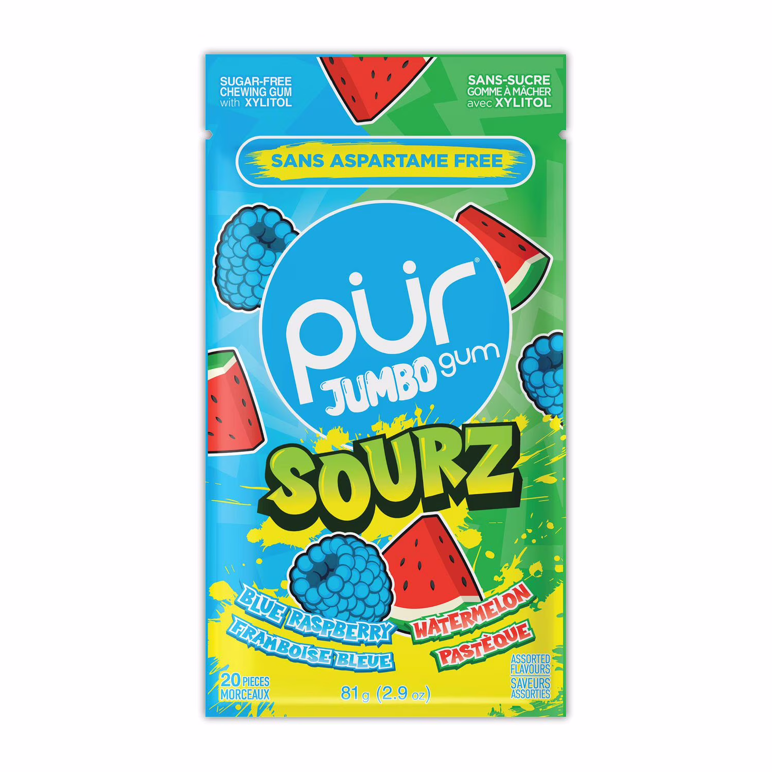 Pur jumbo sourz gomme à mâcher sans aspartame. 100 % xylitol. arôme naturel. framboise bleu aigre. pastèque aigre. 20 pièces. 1 pièce 3 fois plus grand qu'un chiclet ordinaire!