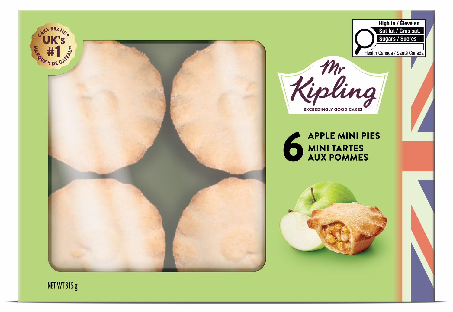 Mini tartes aux pommes et à la cannelle mr kipling. pack de 6. prêtes à manger. sans colorants ni arômes artificiels. fabriquées avec de vrais fruits. végétariennes.  6 mini tartes.