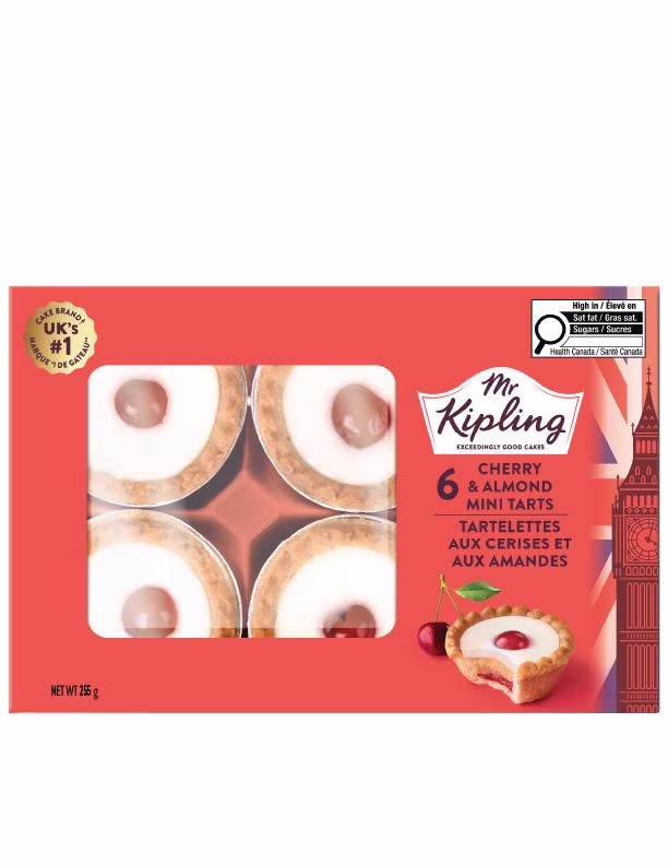 Tourtes aux cerises et aux amandes mr kipling. pack de 6. prêtes à manger. parfaitement portionnées. fabriquées avec de vrais fruits. végétariennes.  6 mini tartes.