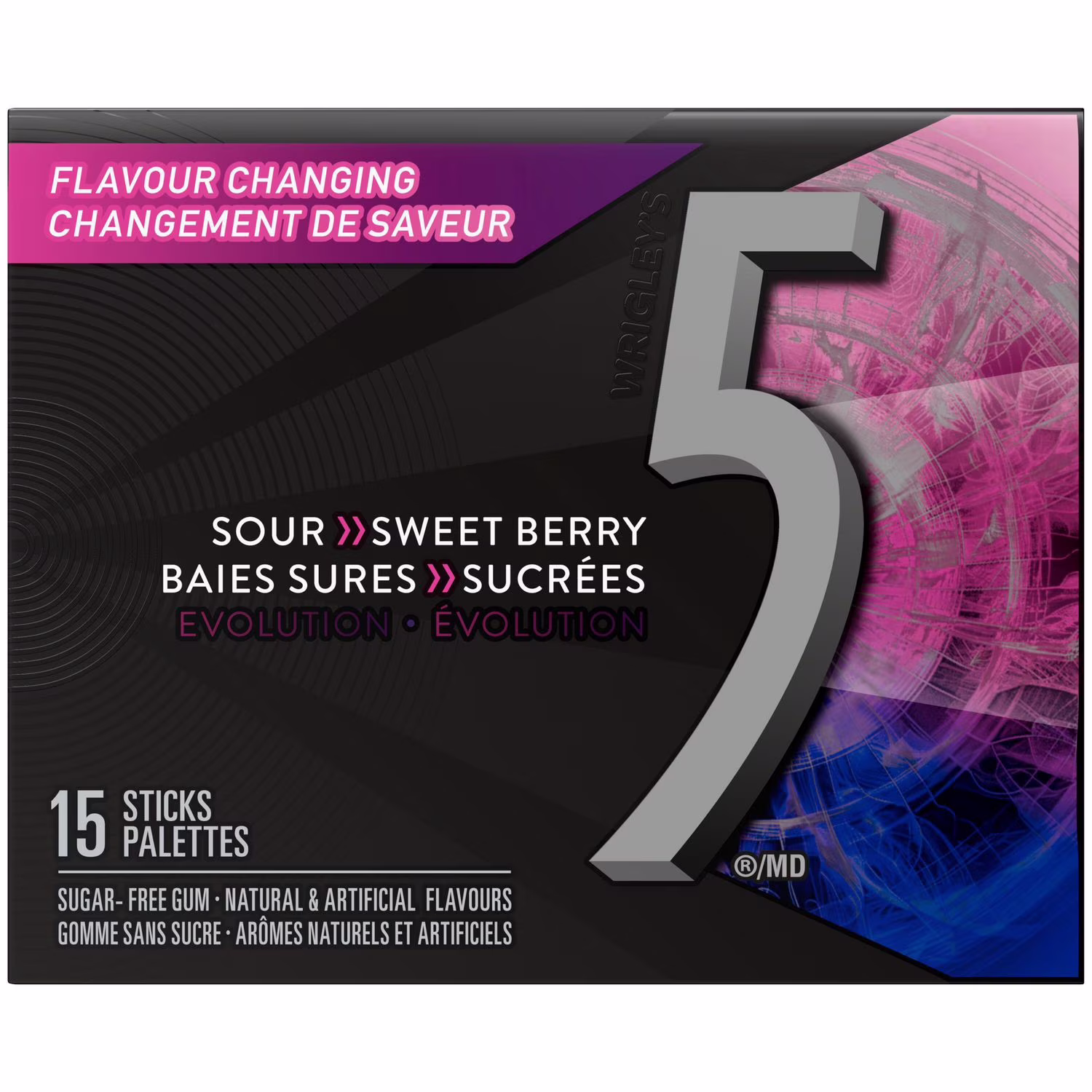 Gomme 5 évolution. gomme sans sucre aux saveurs de baies sures à sucrées. emballage de 15 palettes