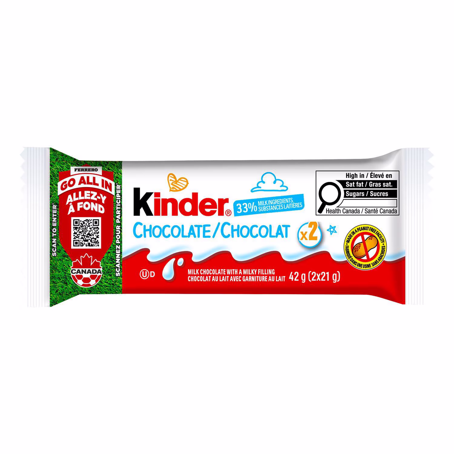 Kinder chocolatechocolat. barre de chocolat au lait avec une garniture au lait. 2 barres emballées individuellement par paquet.