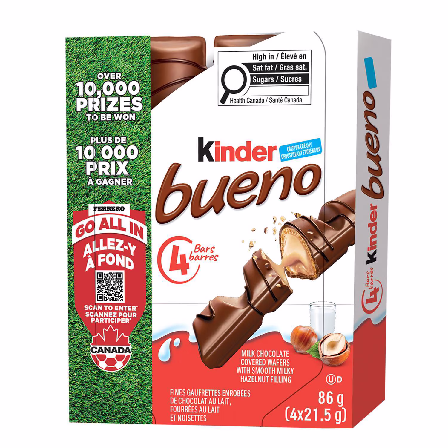 Kinder bueno& barre de gaufrettes croustillantes enrobées de chocolat au lait. avec de la crème aux noisettes. 4& barres-gaufrettes emballées individuellement par paquet.