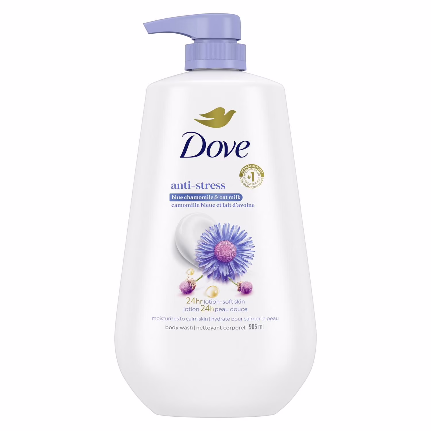 Dove nettoyant corporel pour 24 h de peau douce camomille bleue et lait d'avoine anti-stress.