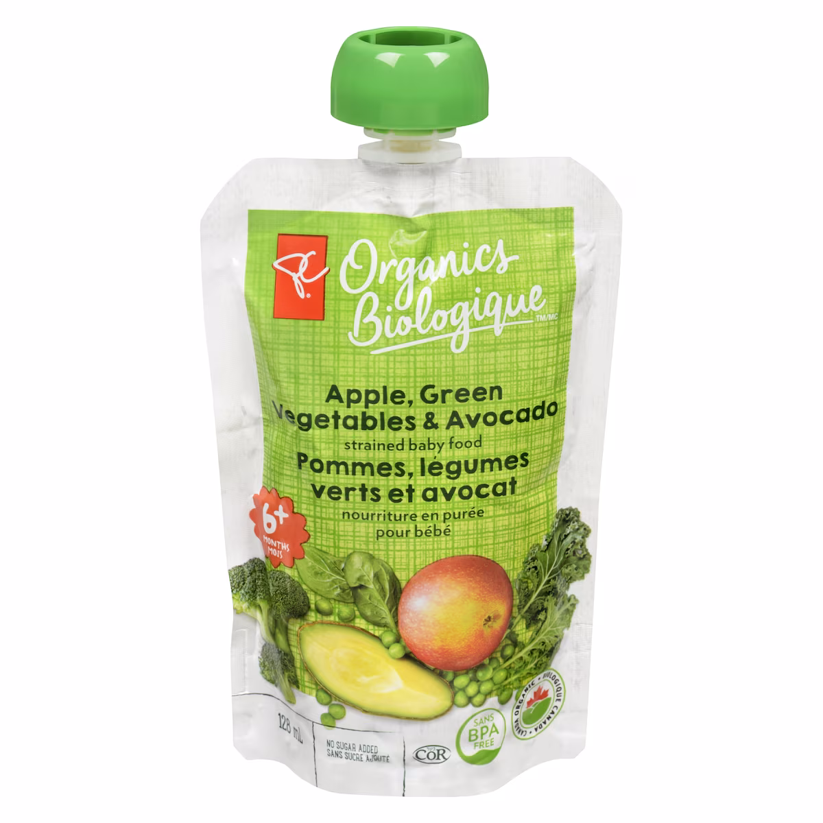 Nourriture en purée pour bébés pommes, legumes verts et avocat