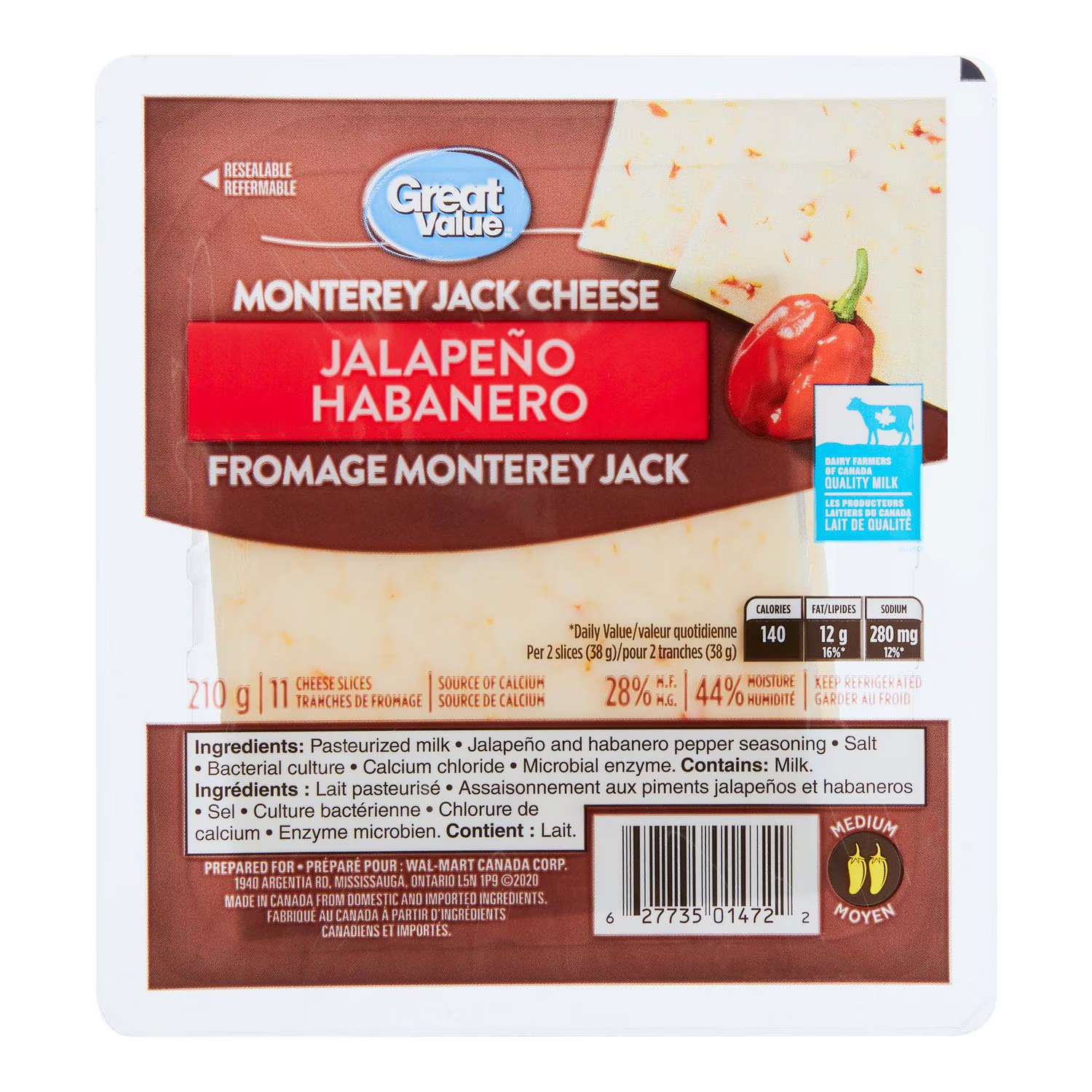 Tranches de fromage monterey jack jalapeño habanero great value  11 tranches de fromage