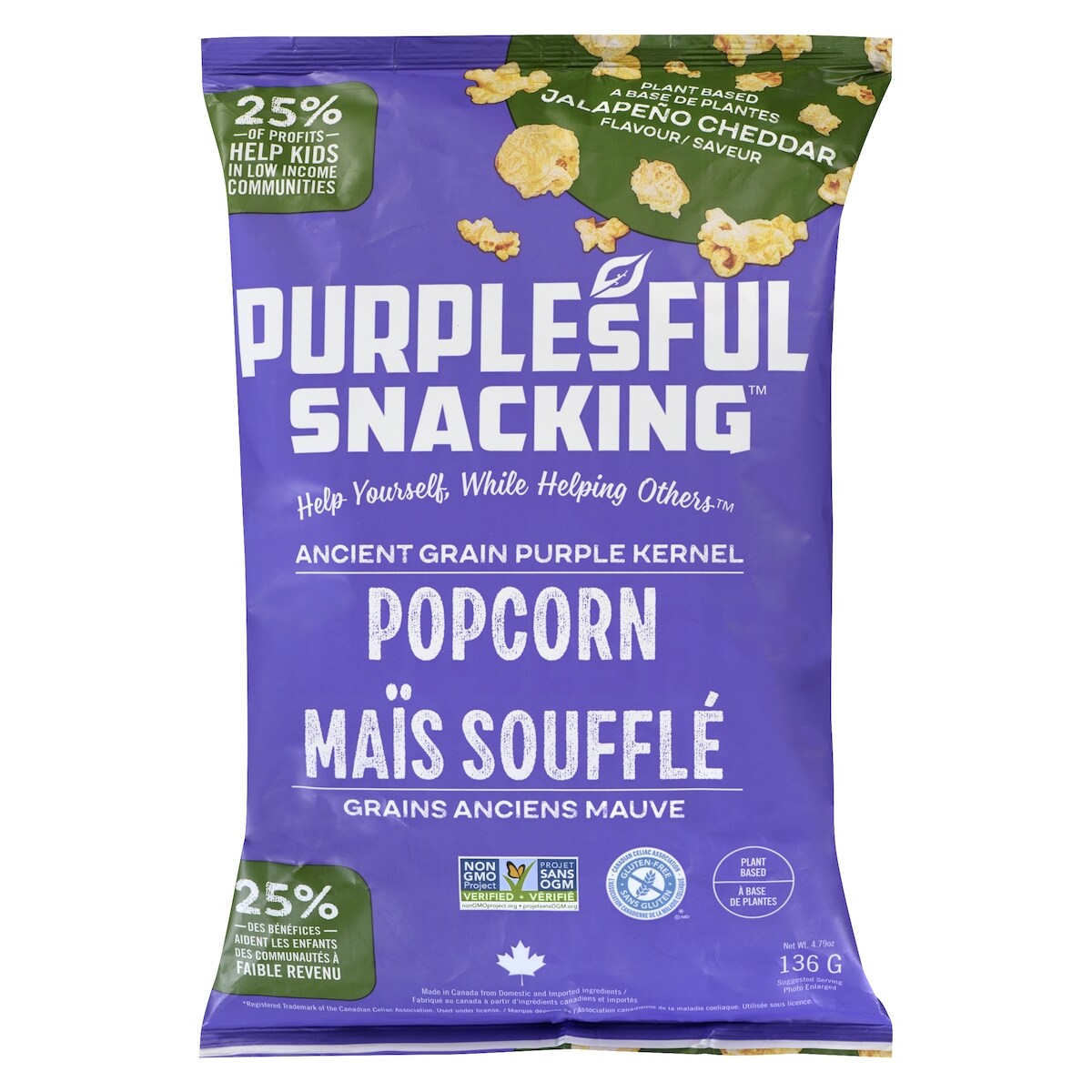 Maïs soufflé grains anciens mauve jalapeño cheddar saveur
