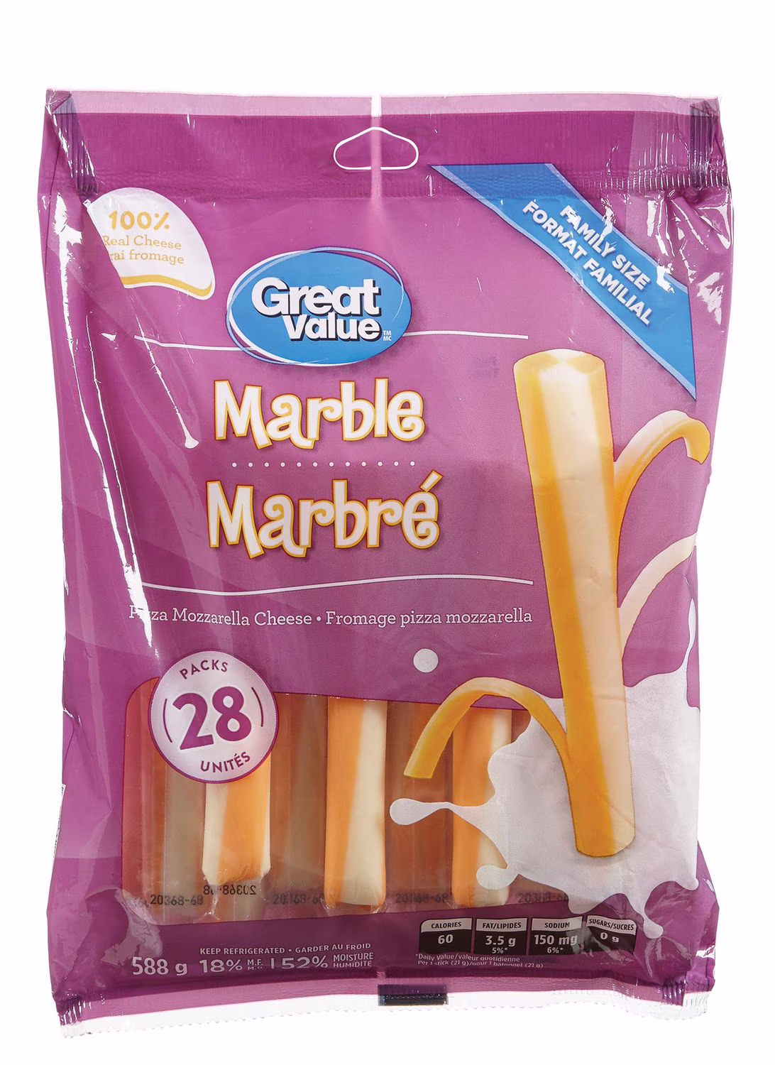 Fromage pizza mozzarella marbré effilochable de great value. format familial paq. de 28