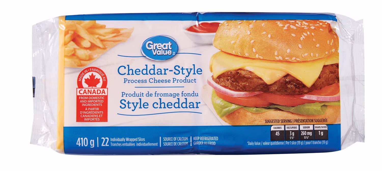 Produit de fromage fondu style cheddar great value . 22 tranches