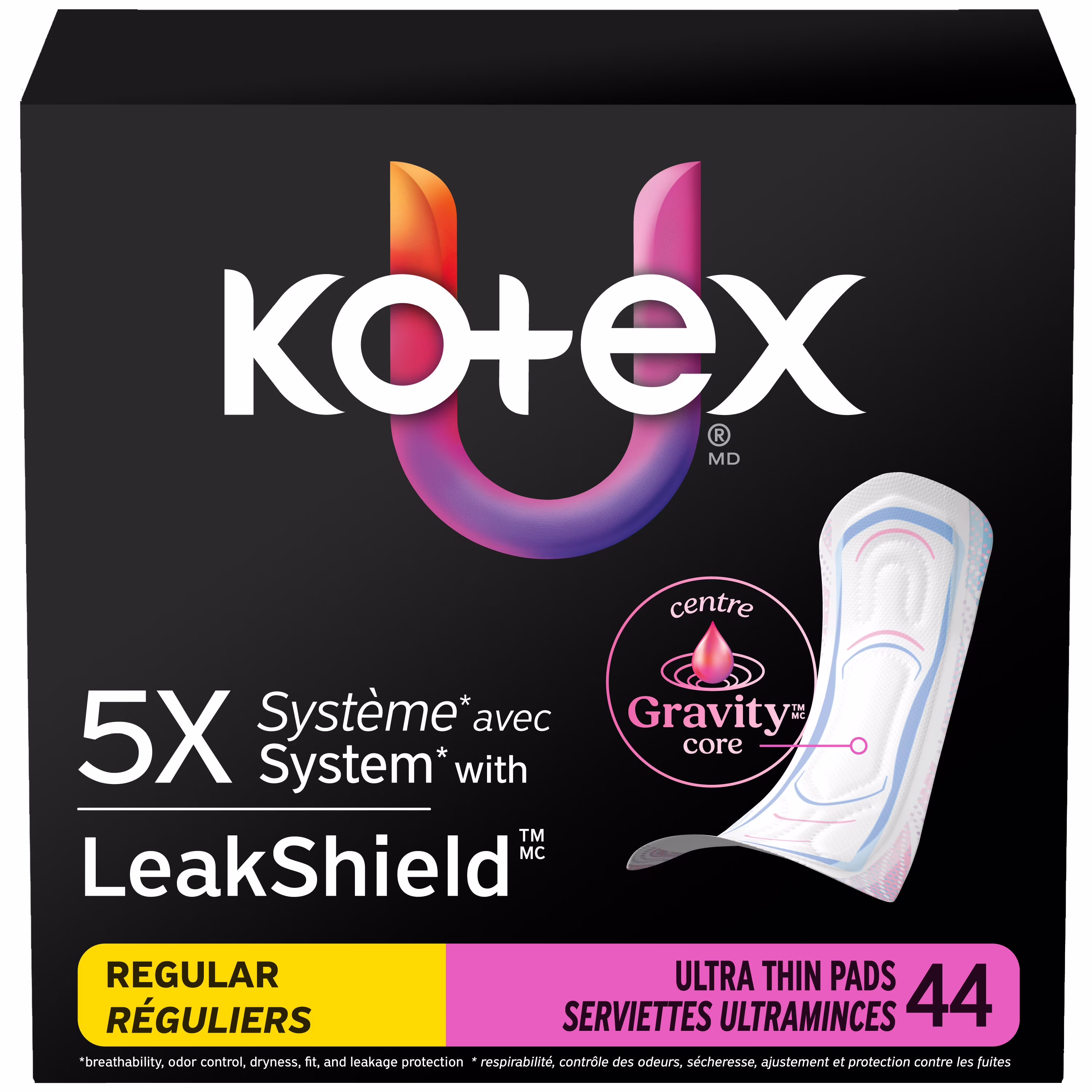 Serviettes ultraminces kotex. absorption régulière. 44 unités