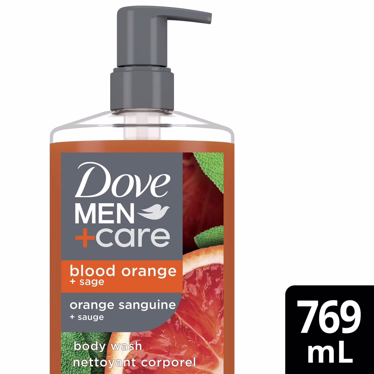 Dove men+care gel douche avec pompe pour réparer la peau sèche sous la douche. orange sanguine + sauge avec nettoyants et hydratants à base de plantes.