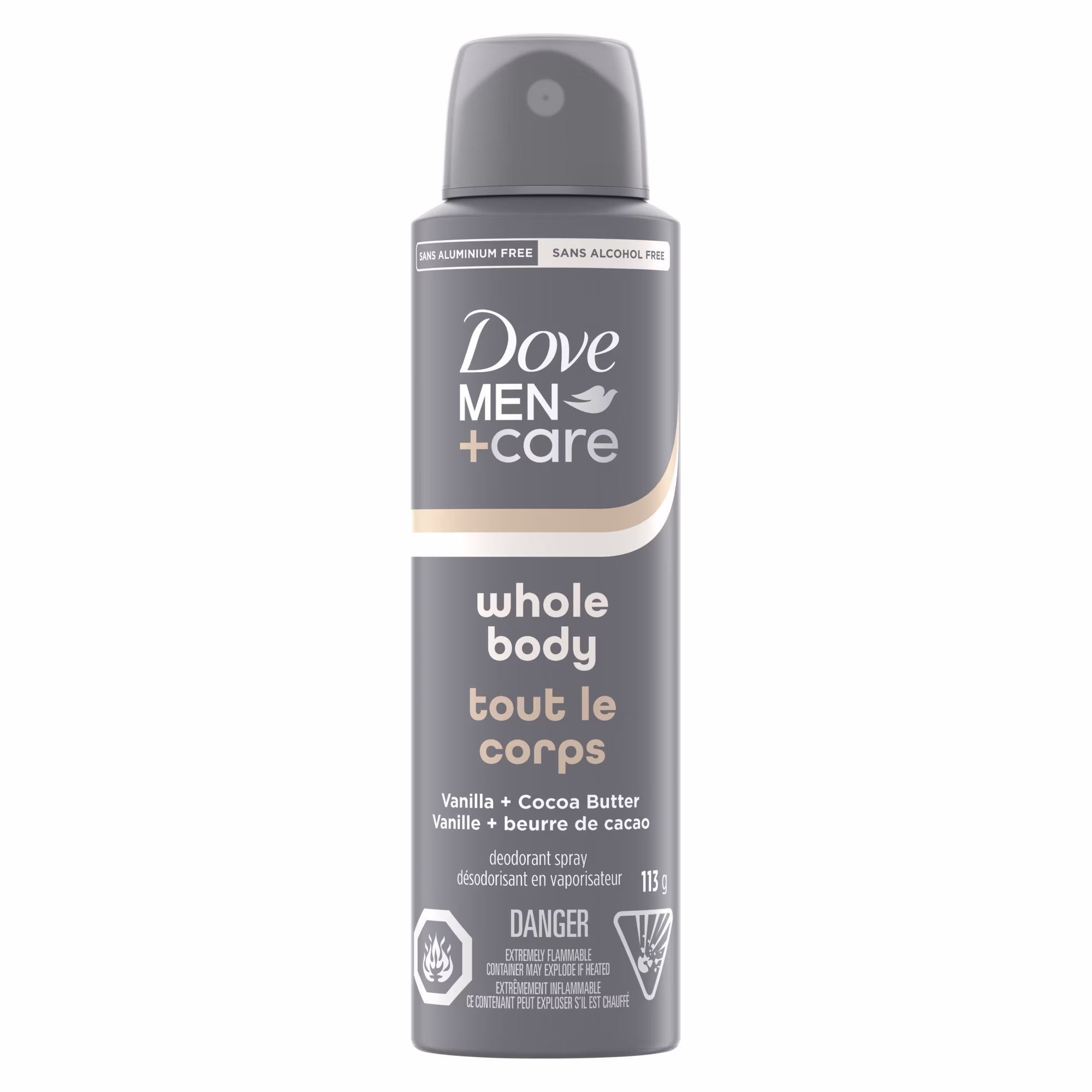 Dove men+care déodorant spray corps entier vanille + beurre de cacao.