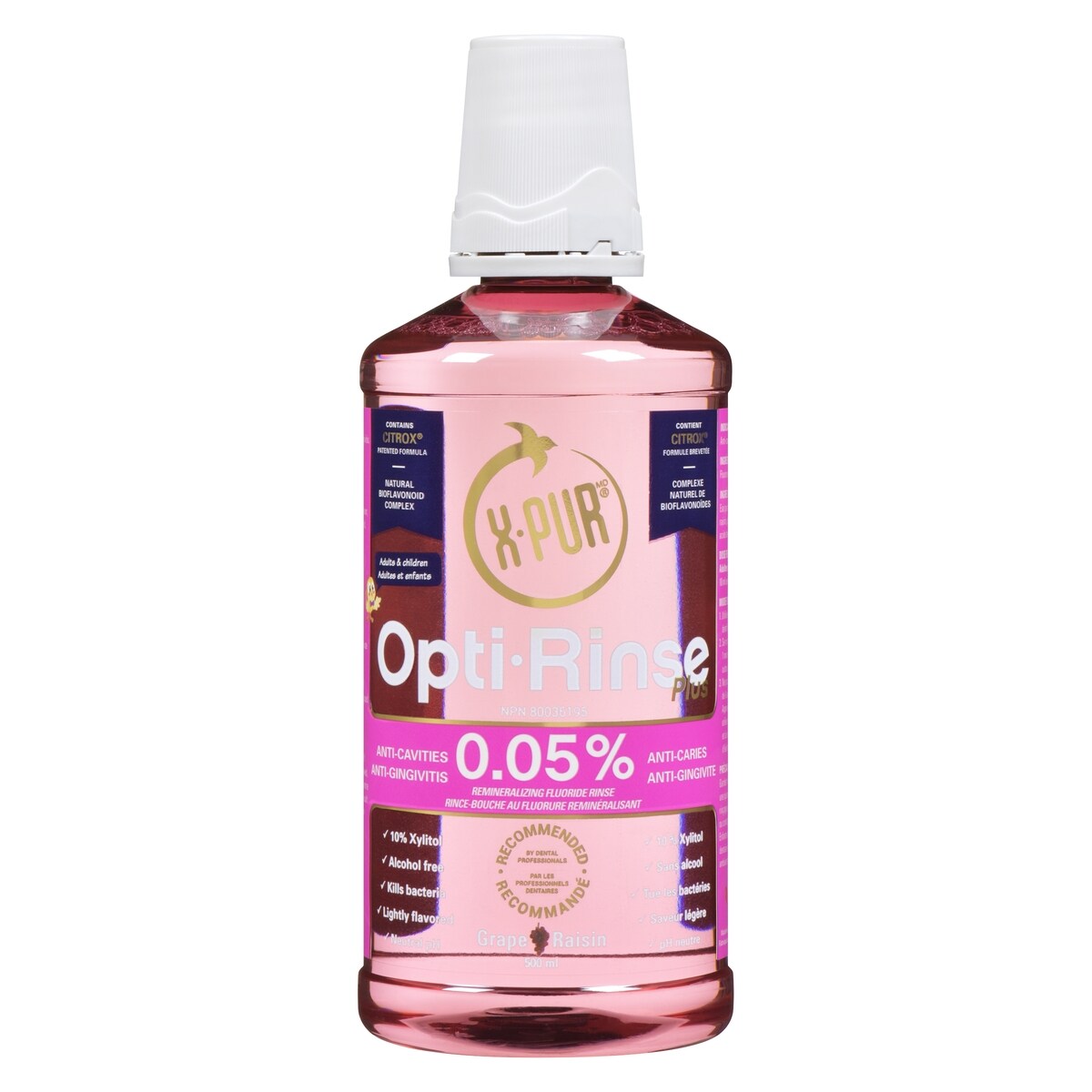 Opti-rinse plus rince-bouche au fluorure reminéralisant 0.05 % adultes et enfants raisin