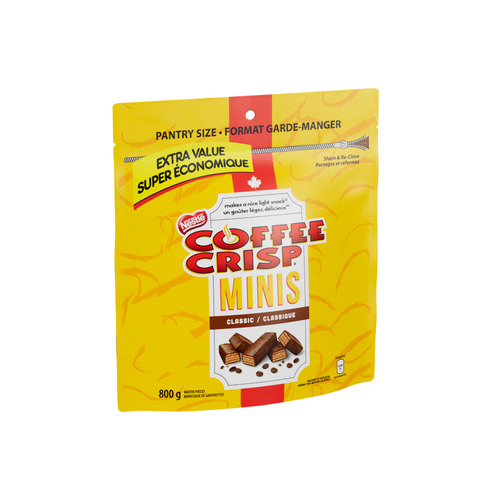 Gaufrettes minis. sans arachides. gaufrettes de format bouchée dans un enrobage chocolaté avec garniture à la crème au café. sac refermable de format garde-manger. préparées au canada