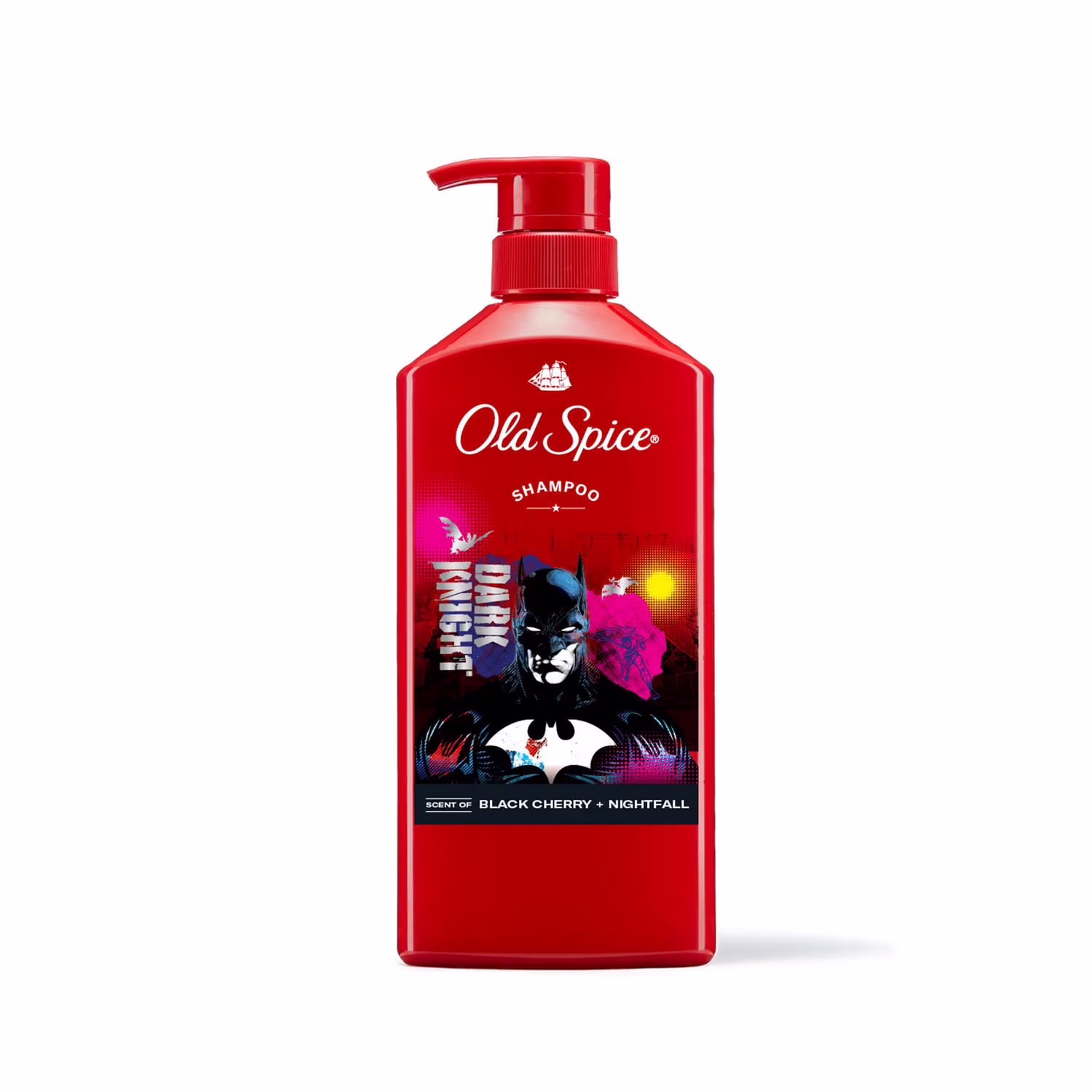 Old spice shampooing x batman. le chevalier noir. collaboration dc comics. des cheveux d'apparence plus sains. plus fournis. plus hydratés. parfum cerise noire + nightfall