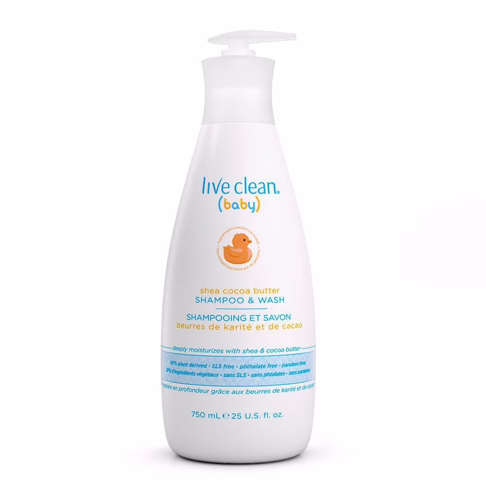 Shampoing et savon pour bébé live clean au beurre de cacao et karité . shampooing et savon