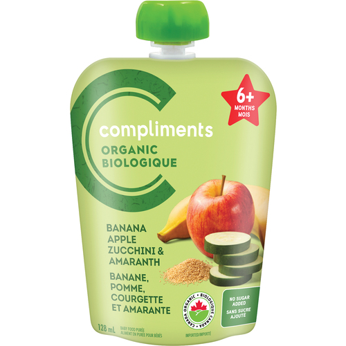 Compliments Nourriture bébé bananes pommes courgettes amarante sachet biologique 128 ml