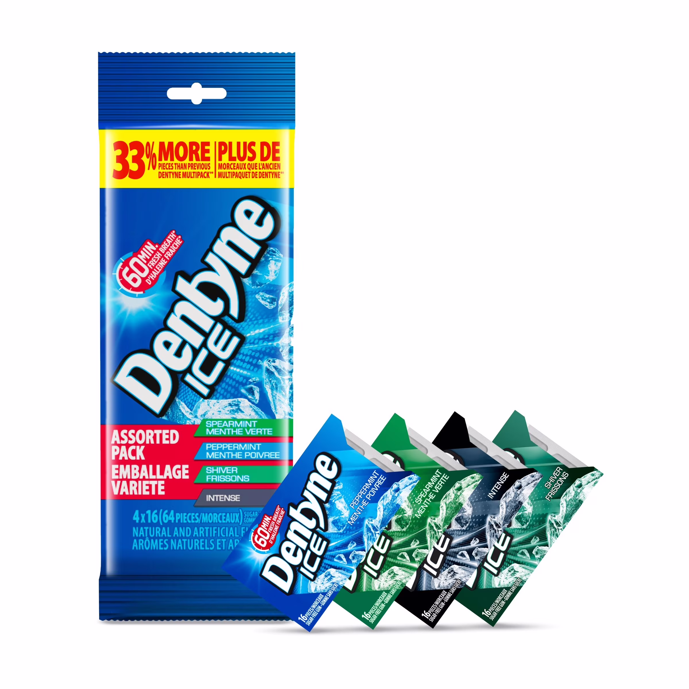 Dentyne ice. multipaquet de gomme sans sucre assortie. paquet de 4 (64 pièces)