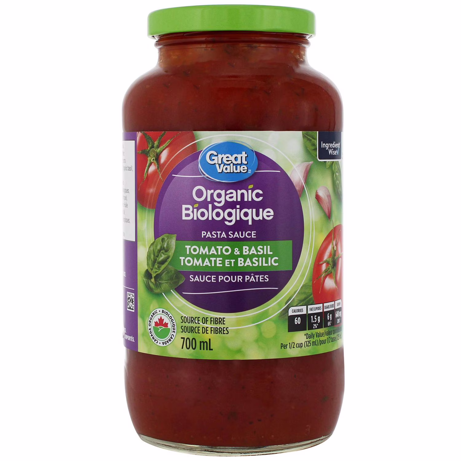 Sauce aux tomates et au basilic biologique pour pâtes de great value