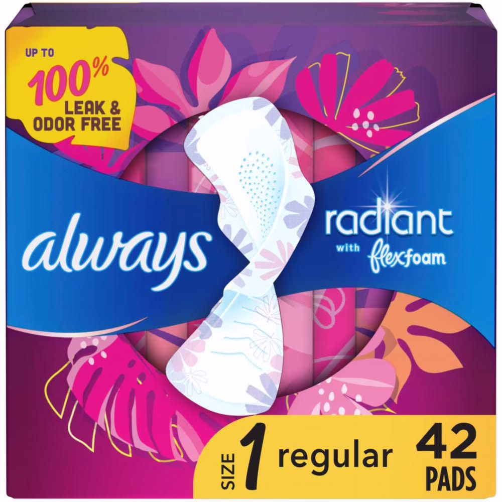 Serviettes always radiant. régulières. avec ailes. pour femmes. taille1. parfum net et léger. 42serviettes